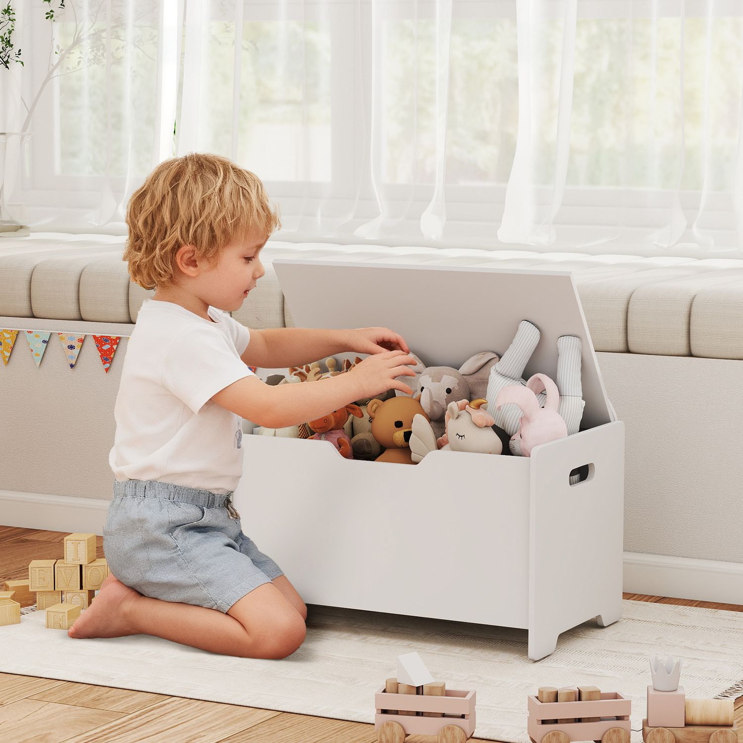 Baule portagiochi in legno a forma di orso e capacità 20 kg 60x38x48 cm, bianco - 