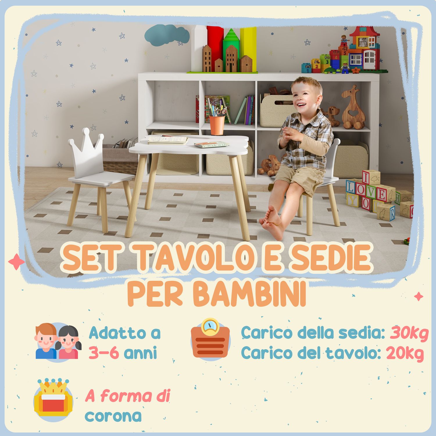 Set tavolo e 2 sedie per bambini con schienale a corona, età 3-6 anni, bianco - 