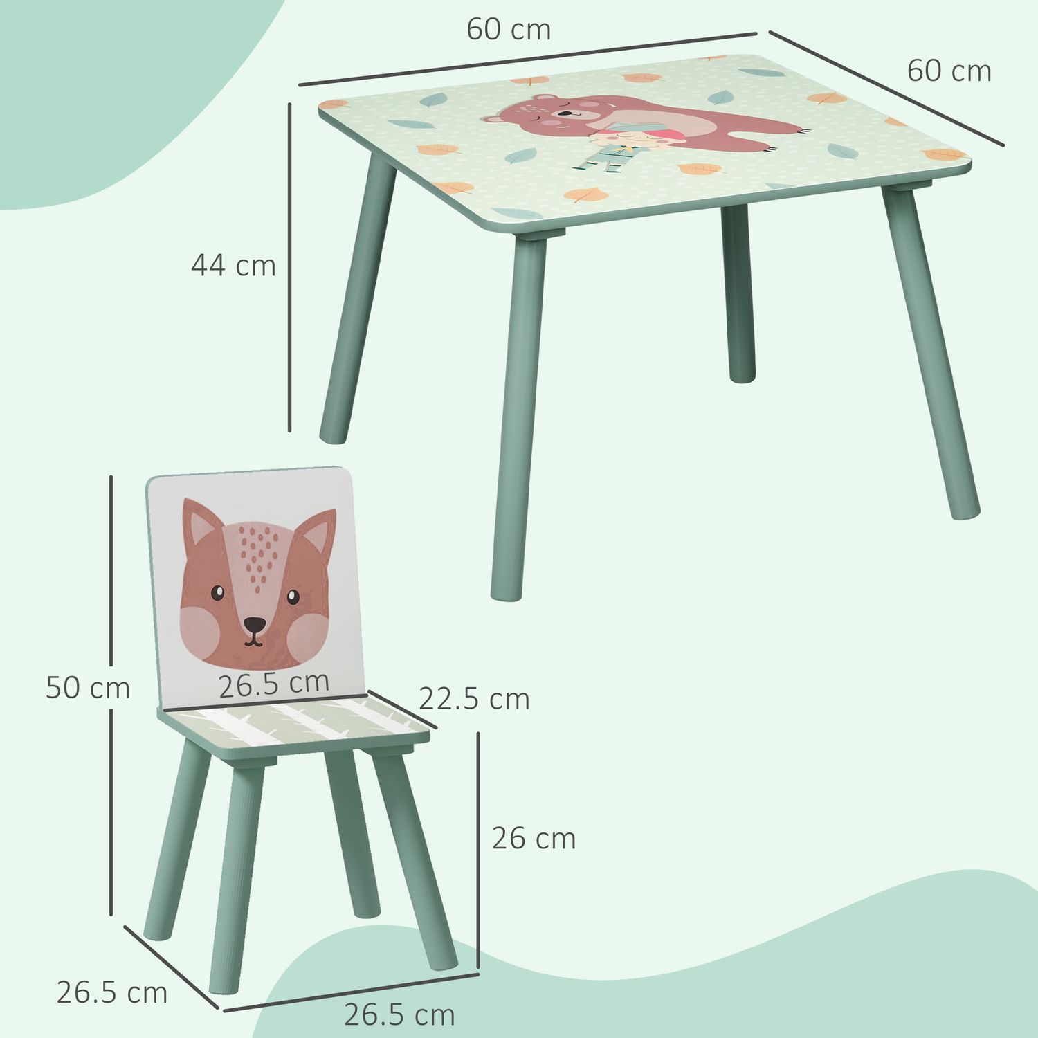 Set tavolo e sedie 3 pezzi per bambini 3-8 anni in mdf e legno di pino, verde - 