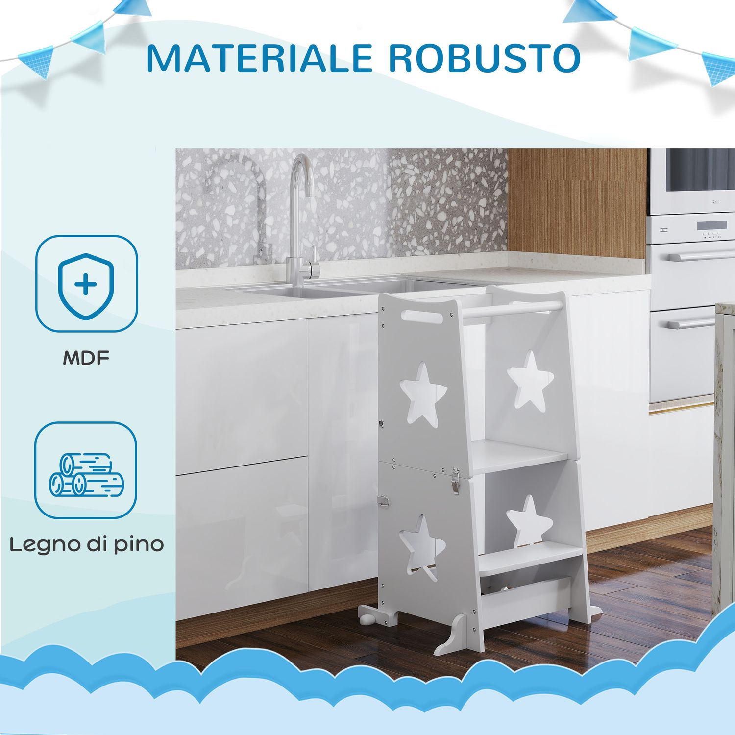 Scala montessori convertibile in set tavolo e sedie con barra di sicurezza, in legno, 60x44.5x86 cm, bianco - 