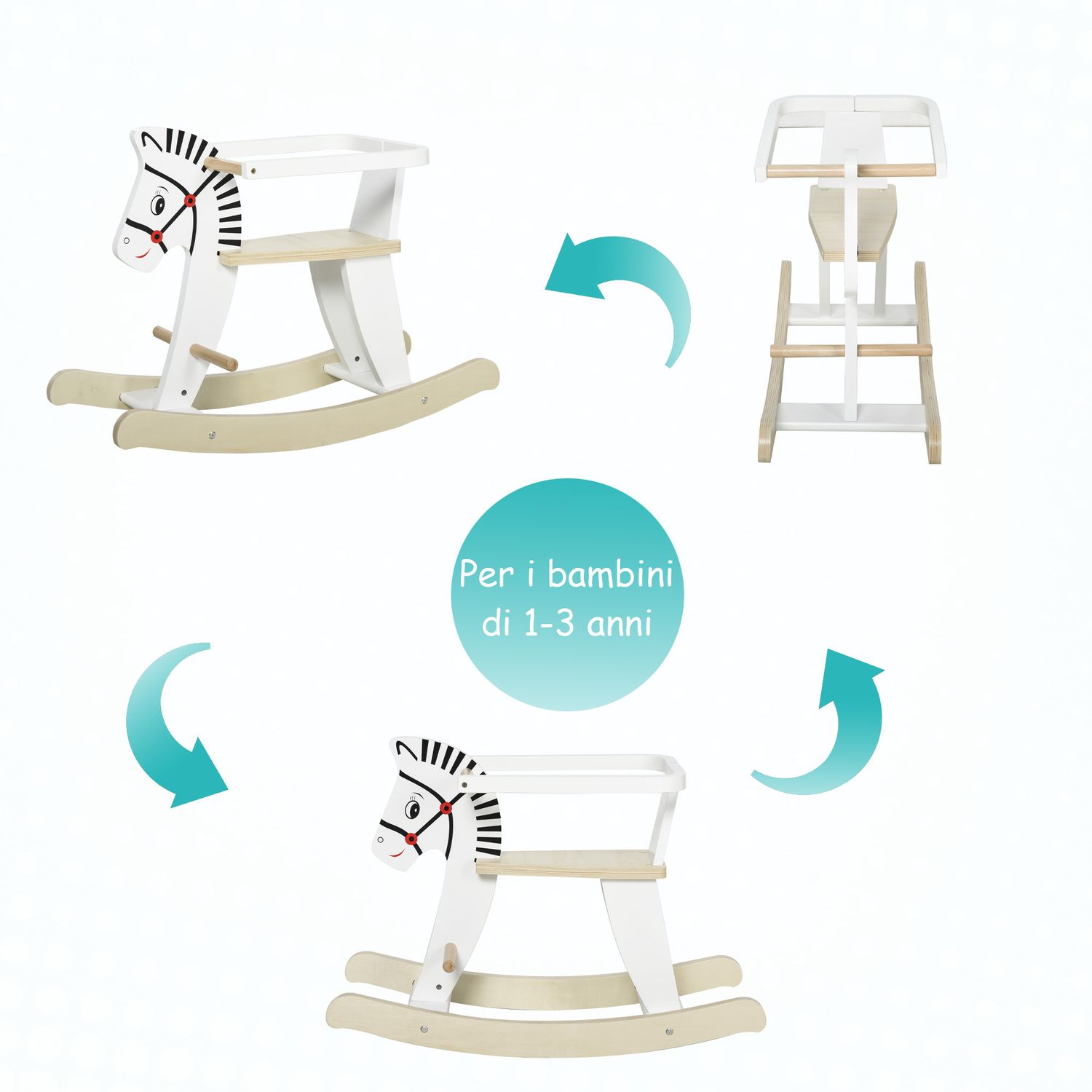 Cavallo a dondolo classico in legno per bambini 1-3 anni con bordo, maniglie e poggiapiedi, 68x26.5x48cm, bianco - 