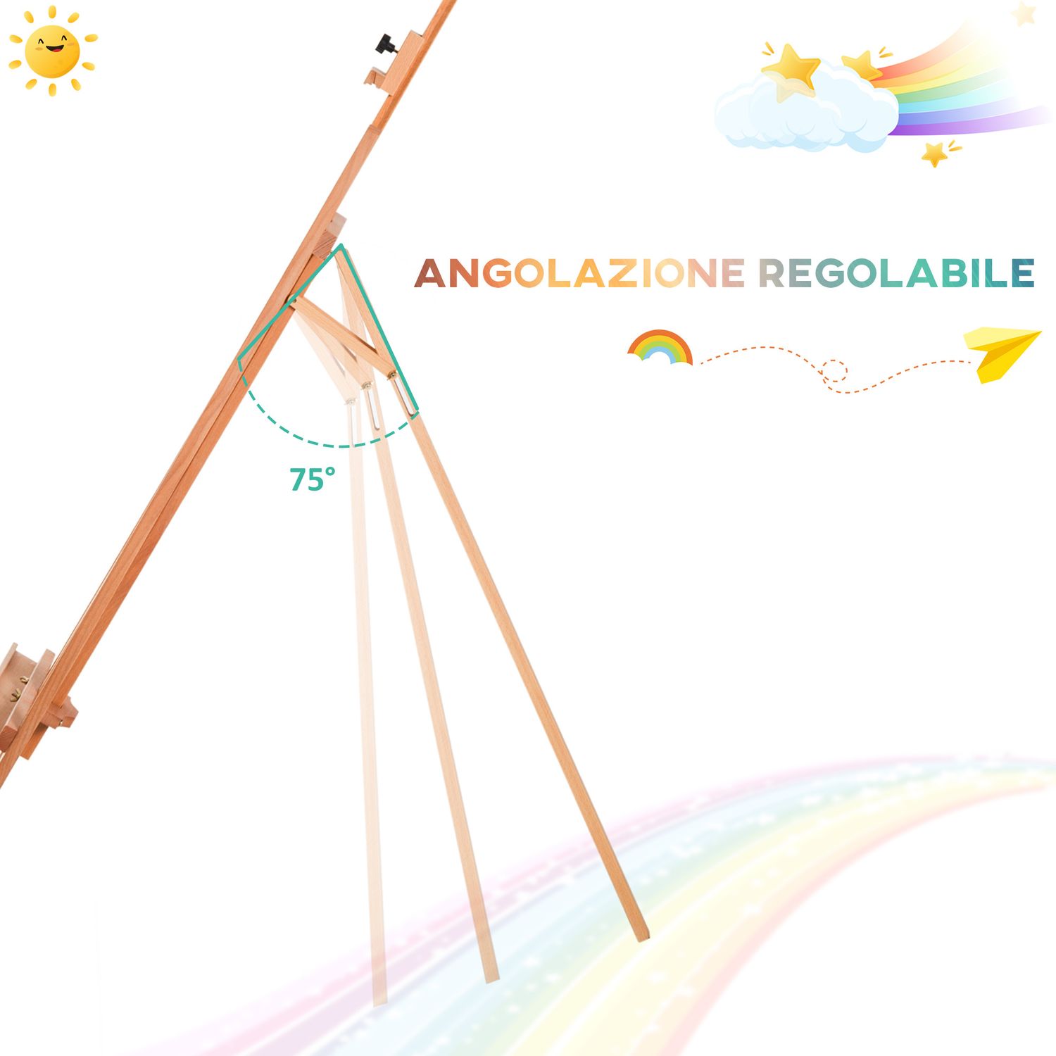 Cavalletto per pittura treppiede con supporto per tela regolabile in legno di faggio, 65x68x174-230 cm - 