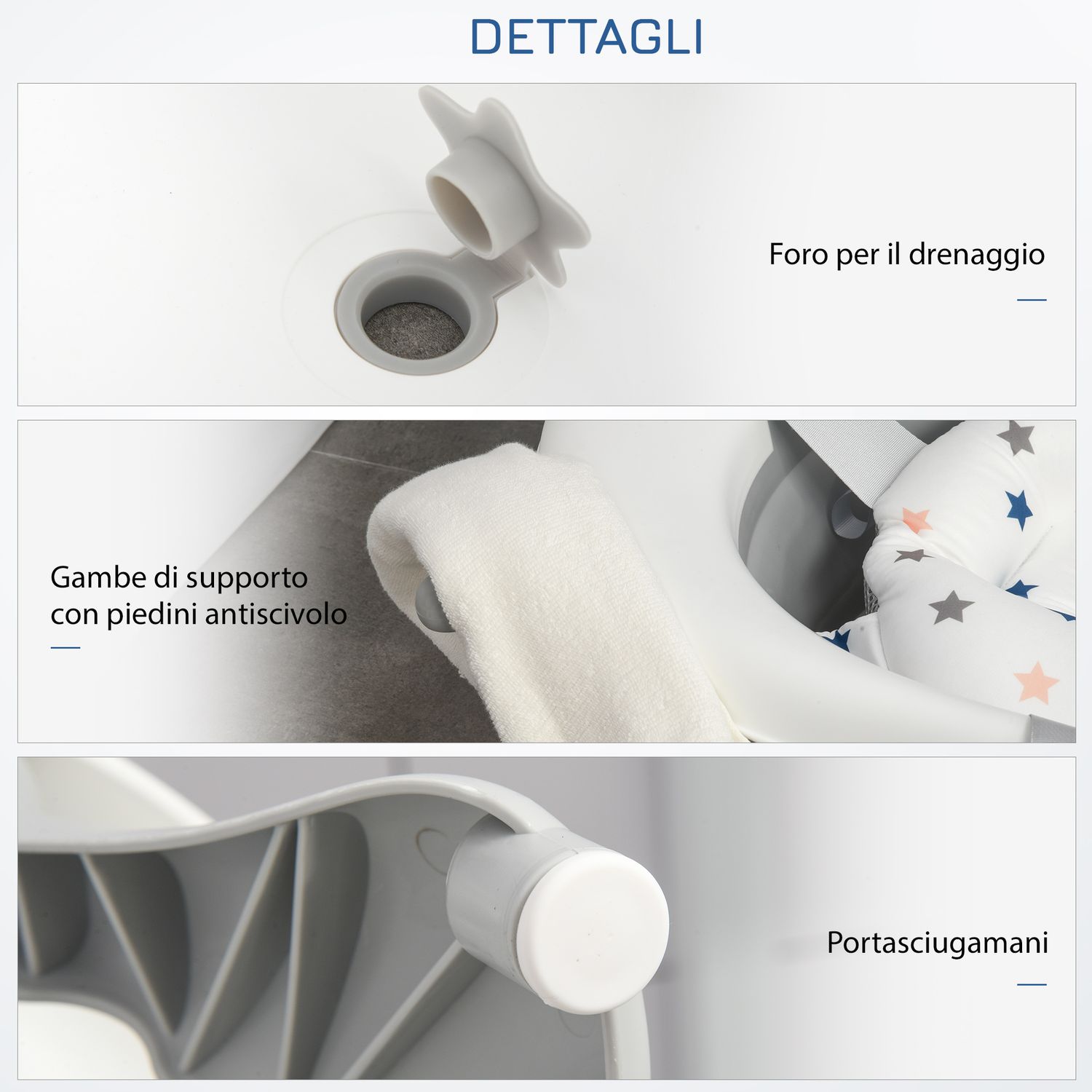 Vaschetta bagnetto pieghevole per bambini 0-3 anni con indicatore di temperatura e cuscino, 81.5x50.5x23.5cm, bianco - 