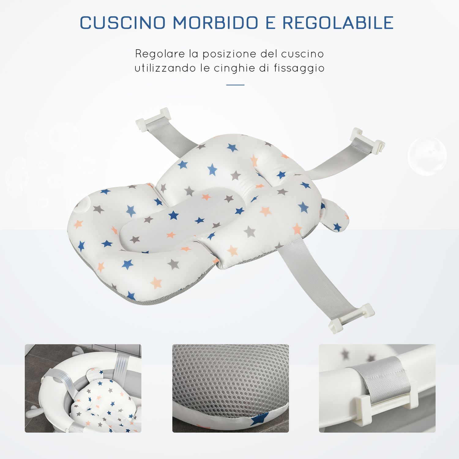 Vaschetta bagnetto pieghevole per bambini 0-3 anni con indicatore di temperatura e cuscino, 81.5x50.5x23.5cm, bianco - 