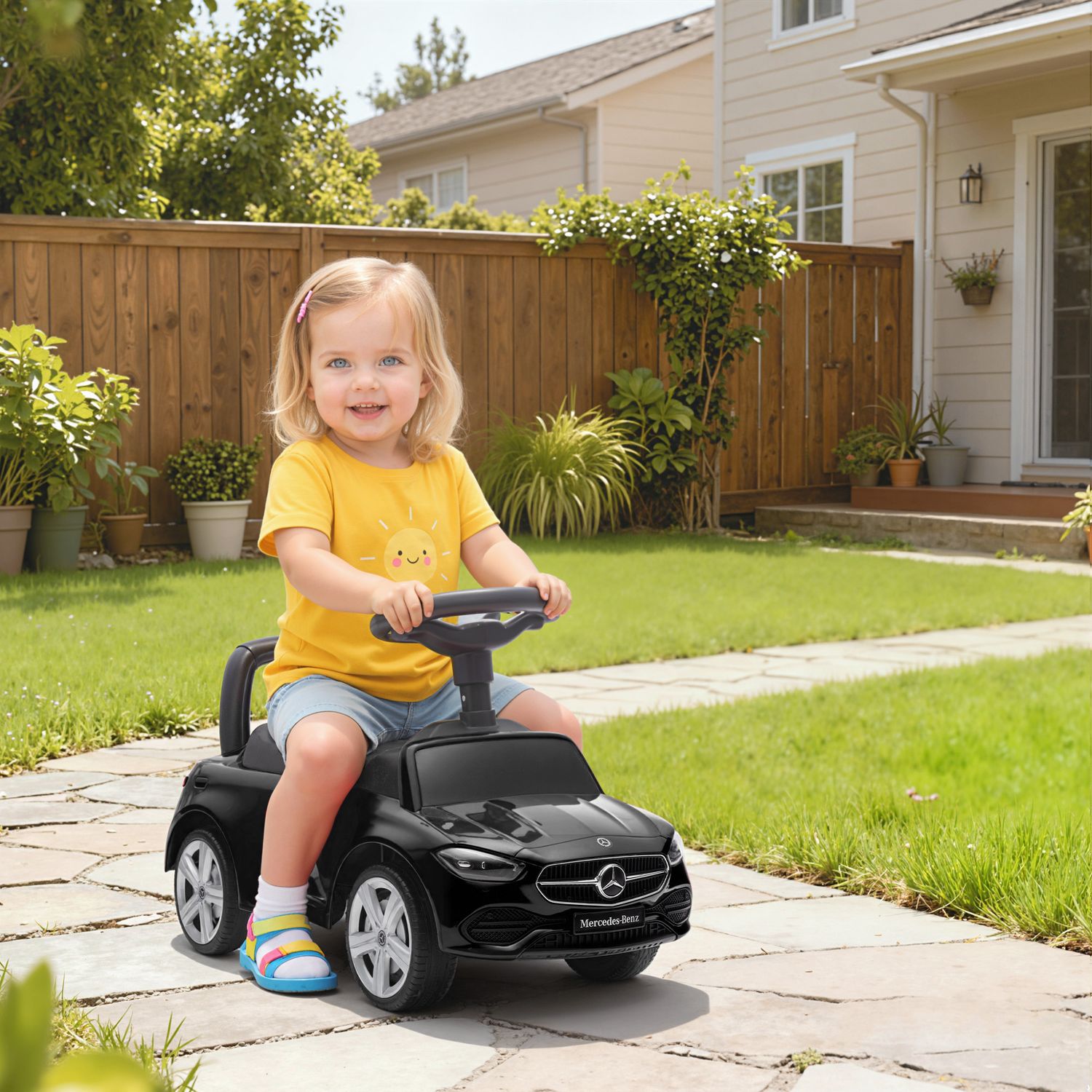 Macchina per bambini licenza mercedes benz con clacson e spazio portaoggetti, 65x28x39 cm, nero - 