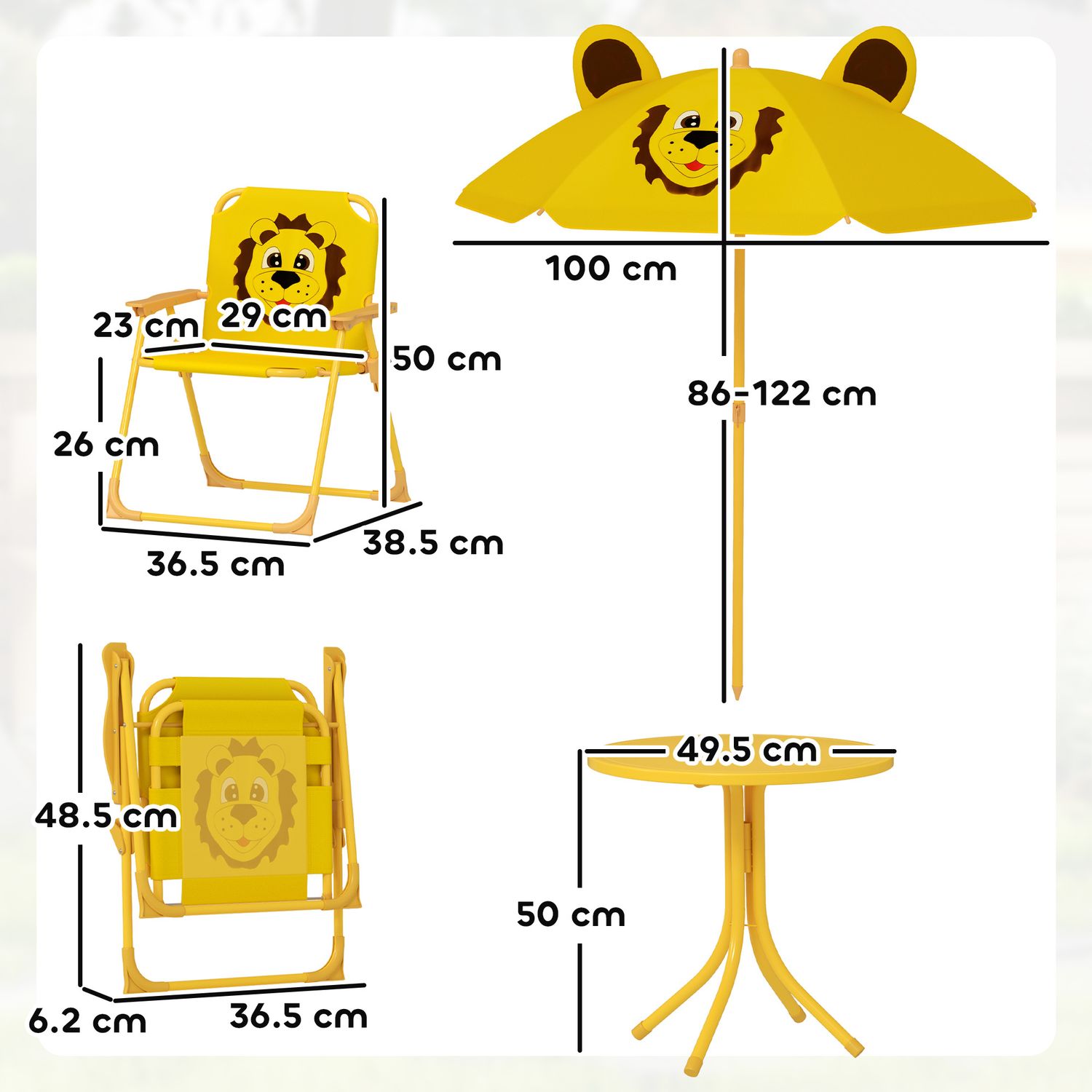 Set da giardino per bambini 2-5 anni con tavolino rotondo, 2 sedie pieghevoli e un ombrellone, giallo - 