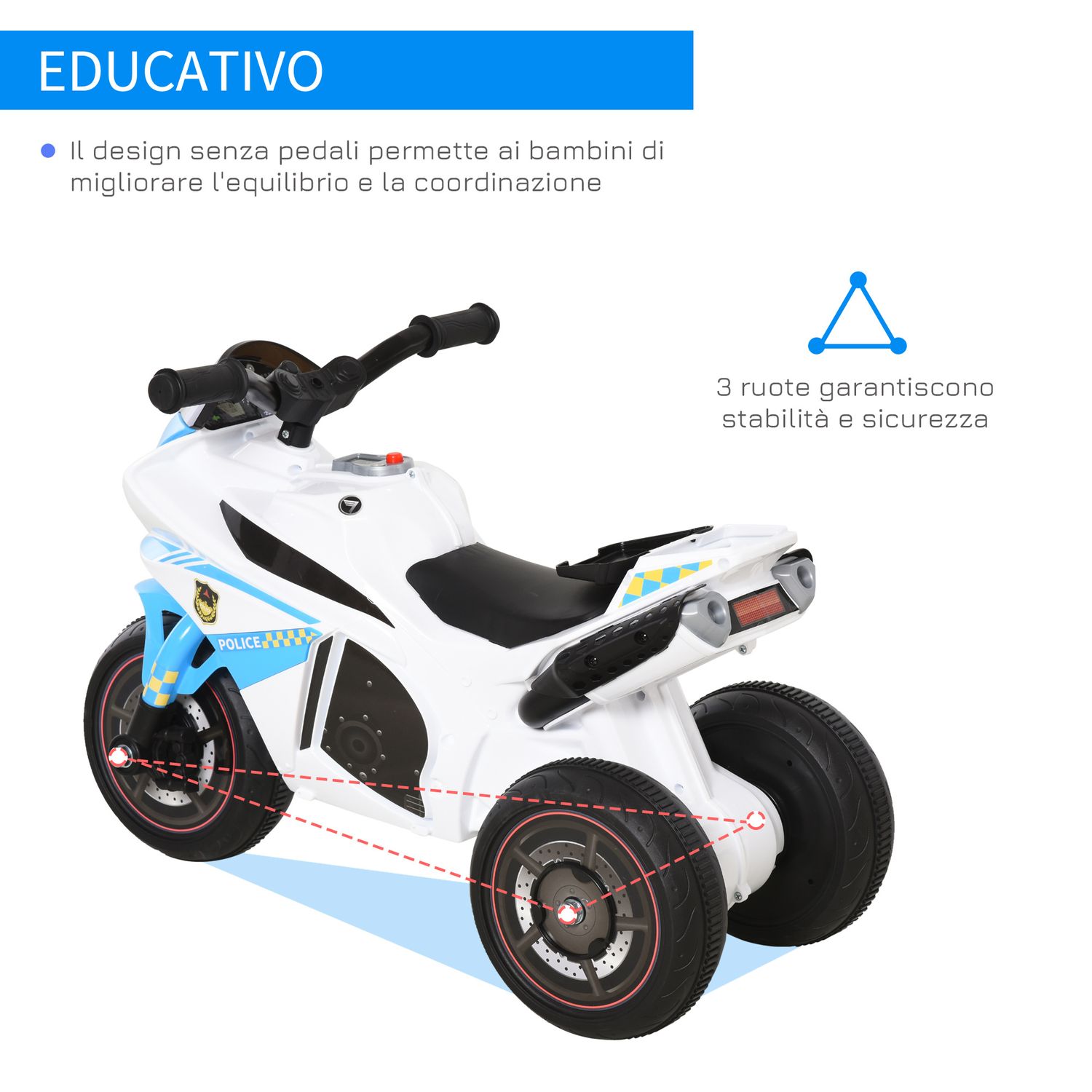 Moto giocattolo cavalcabile a 3 ruote per bambini 18-36 mesi stile polizia con musica e fari, azzurro - 