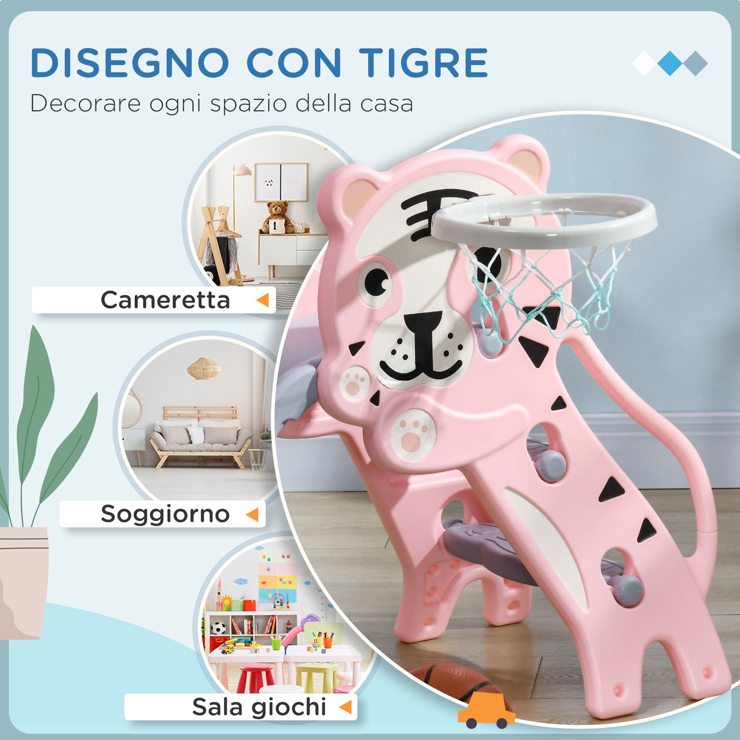 Scivolo per bambini 18-36 mesi con canestro da basket laterale, in plastica, 133x60x70 cm, rosa e grigio - 