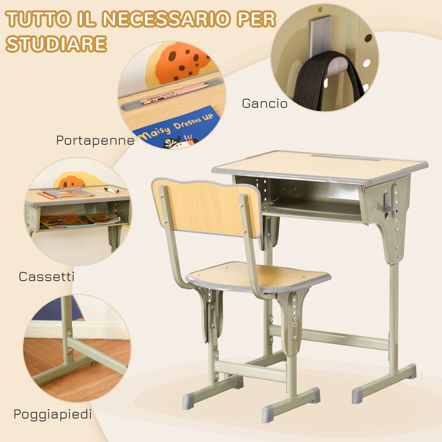 Banco scuola con sedia per bambini 6-12 anni, scrivania per bambini con altezza regolabile, vano contenitore e portapenne, acciaio e mdf, color legno - 