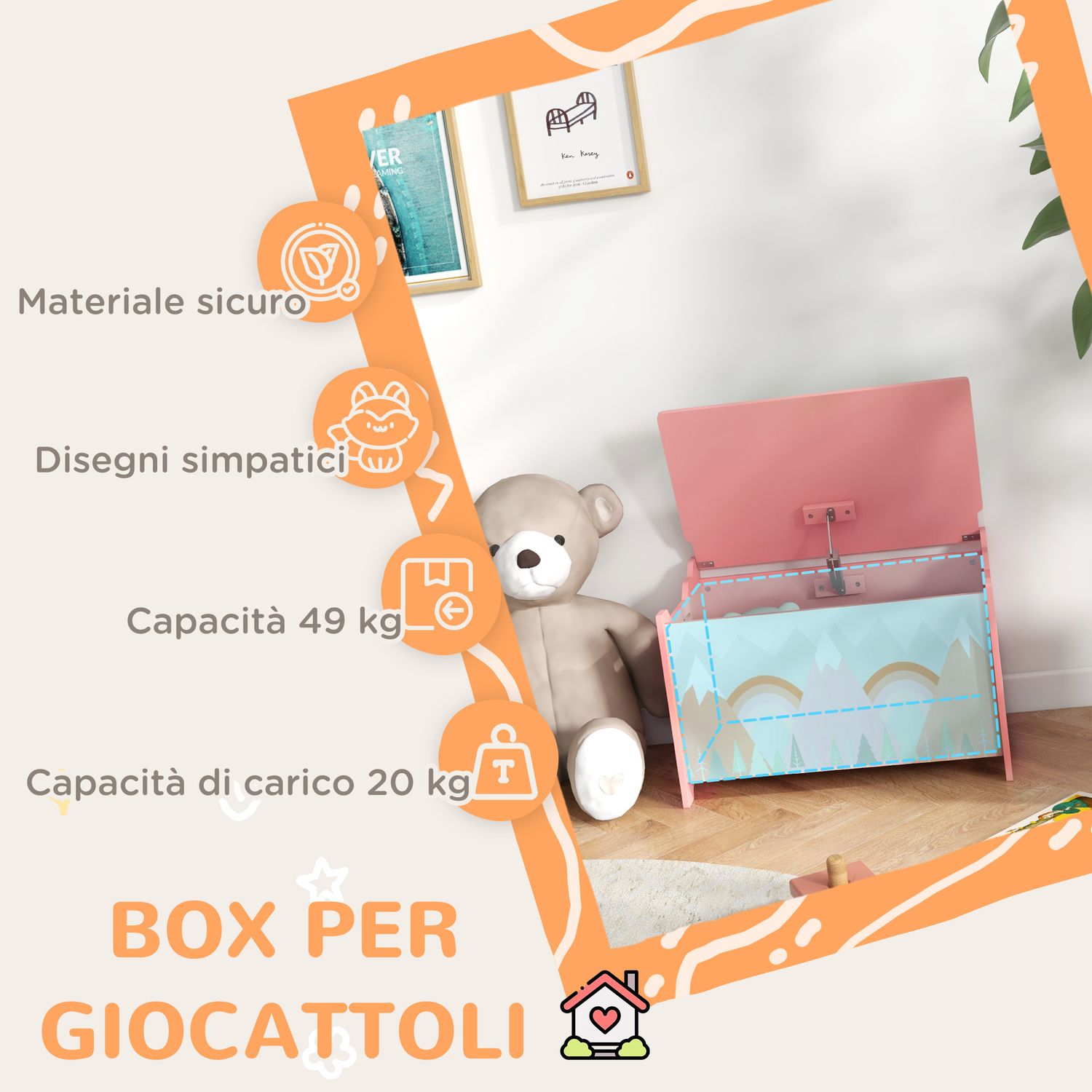 Baule portagiochi per bambini con coperchio e cerniera di sicurezza in mdf, 60x37x39cm, rosa - 