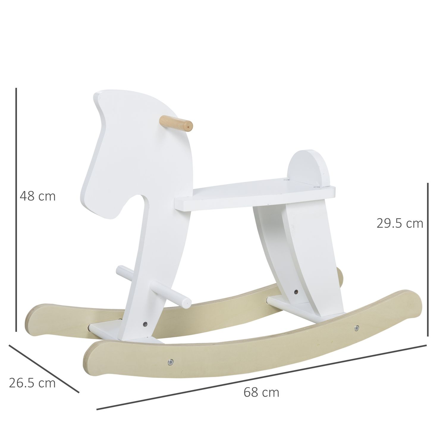 Cavallo a dondolo bambini da 1-3 anni in legno con maniglie e poggiapiedi, 68x26.5x48 cm, bianco - 
