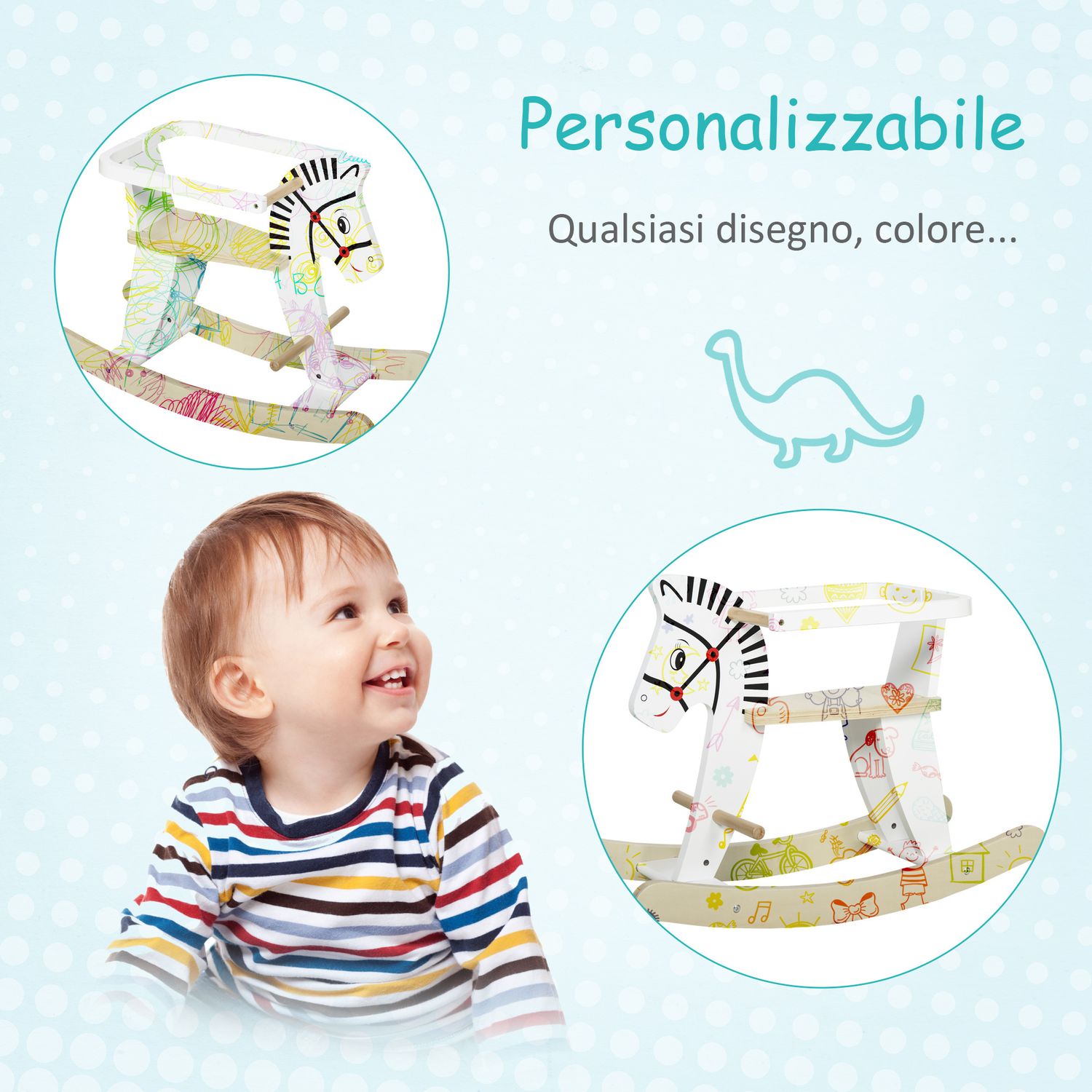 Cavallo a dondolo classico in legno per bambini 1-3 anni con bordo, maniglie e poggiapiedi, 68x26.5x48cm, bianco - 