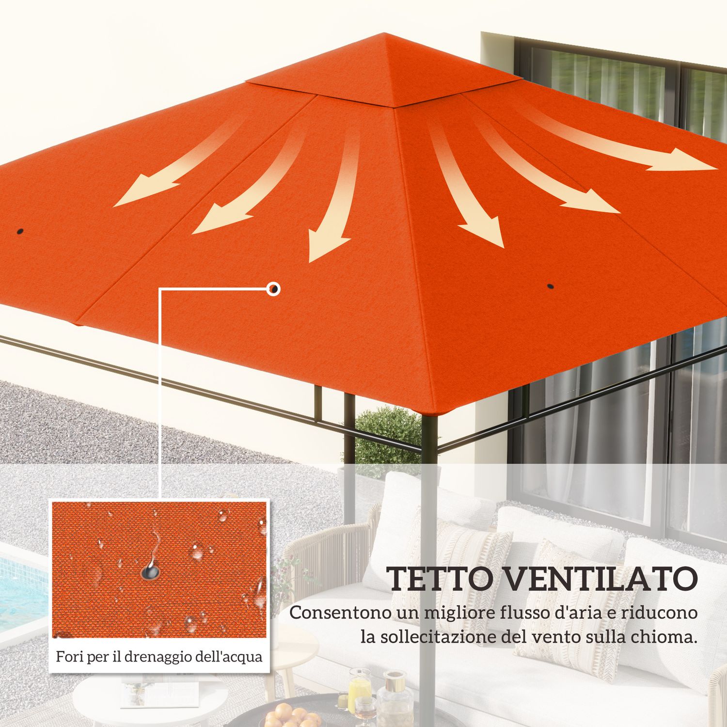 Tetto di ricambio 3x3m arancione per gazebo da giardino in poliestere con fori di ventilazione - 