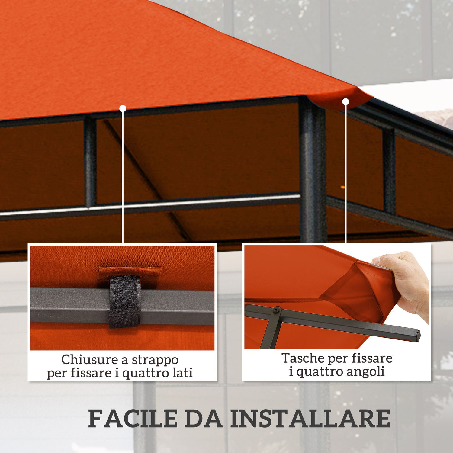 Tetto di ricambio 3x3m arancione per gazebo da giardino in poliestere con fori di ventilazione - 