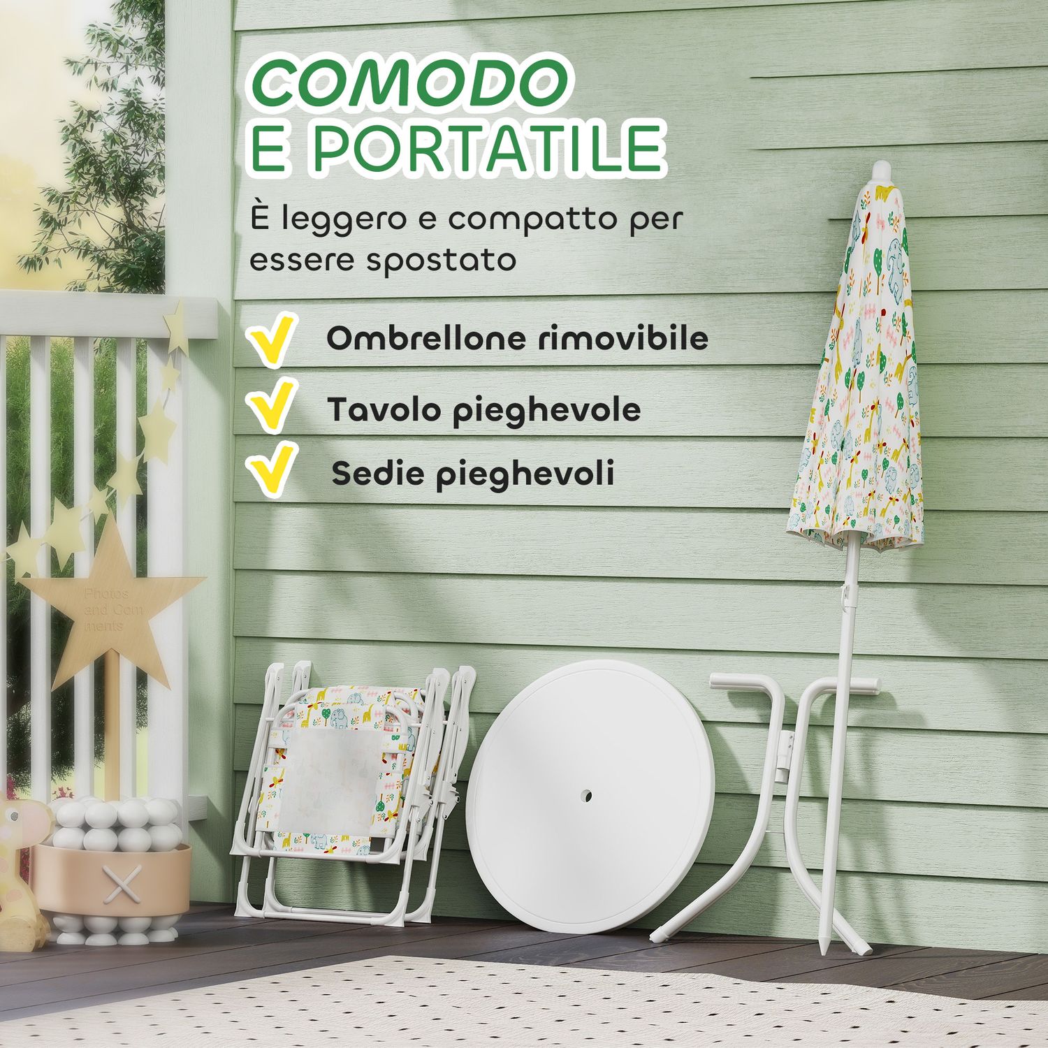 Set da giardino per bambini 2-5 anni con tavolino rotondo, 2 sedie pieghevoli e un ombrellone, bianco - 