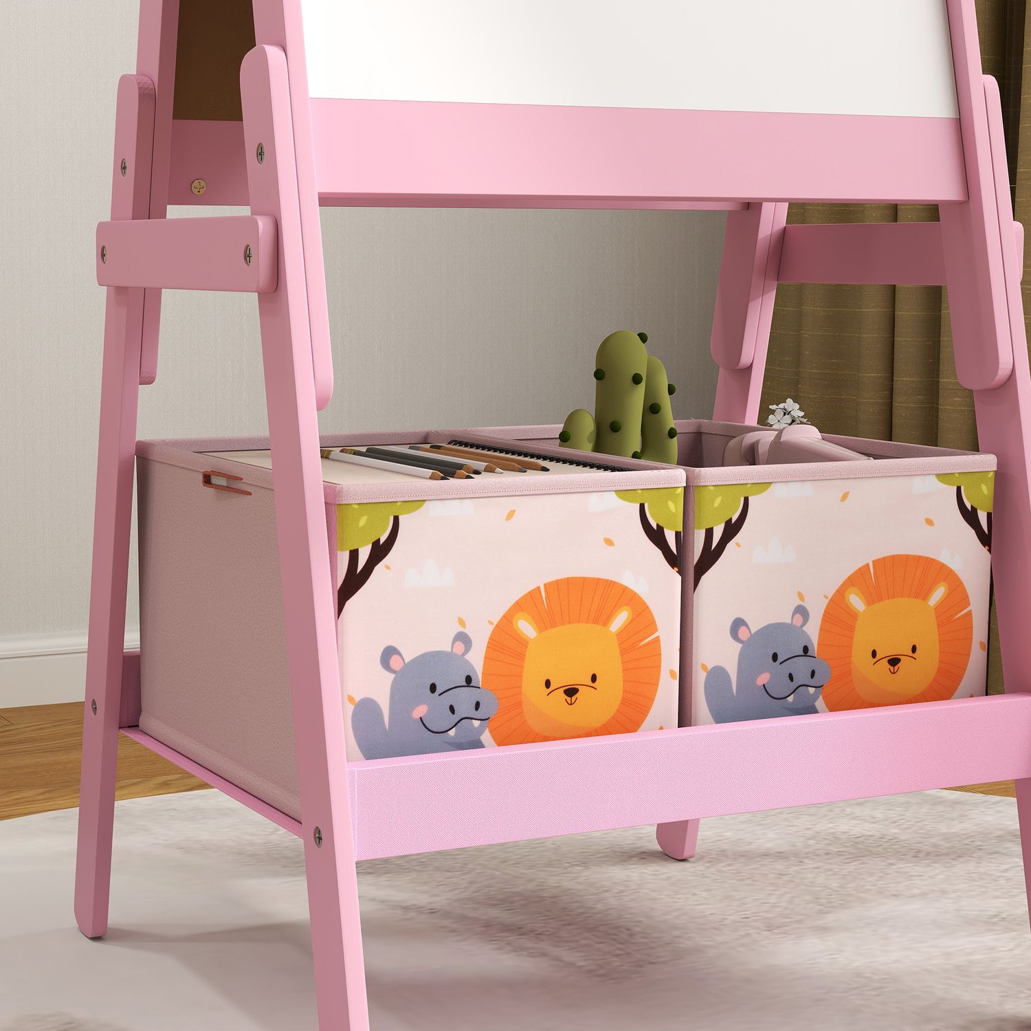 Cavalletto artistico per bambini 3-8 anni con lavagna a 2 lati e 2 cestini contenitori, in legno, 53.5x49x113 cm, rosa - 