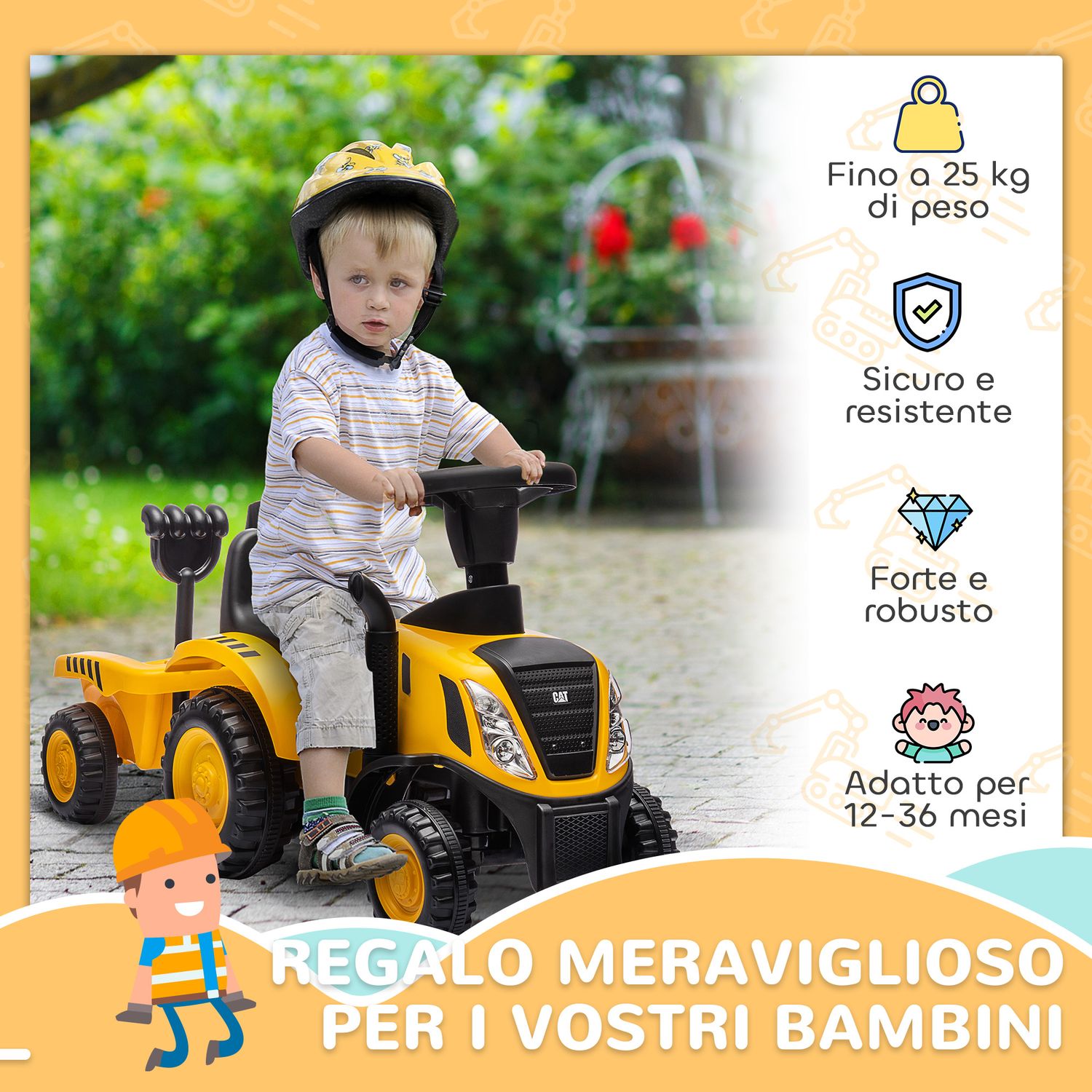 Camion giocattolo per bambini 12-36 mesi con pala e rimorchio, in pp e metallo, 91x29x44 cm, giallo - 
