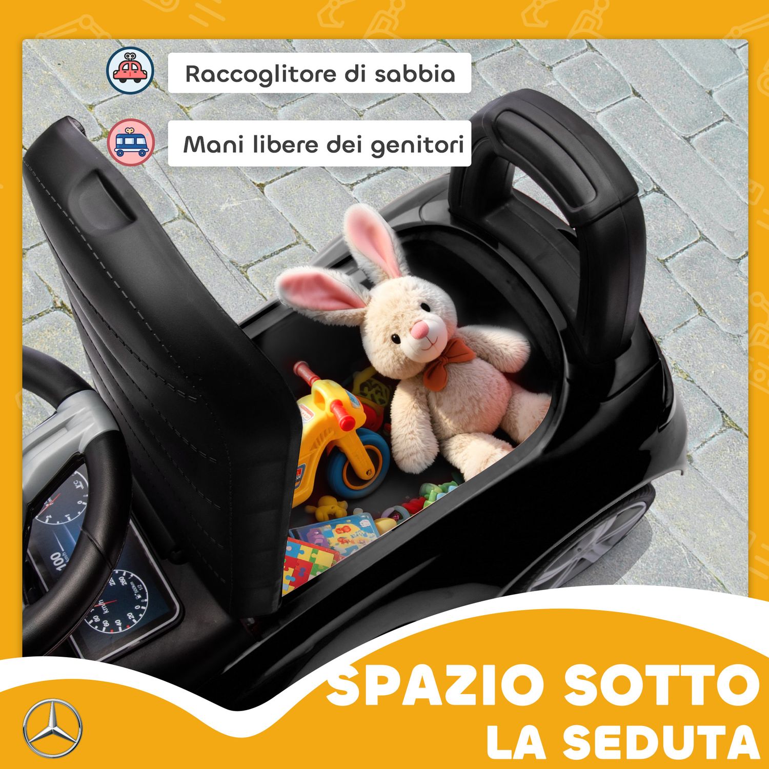 Macchina per bambini licenza mercedes benz con clacson e spazio portaoggetti, 65x28x39 cm, nero - 