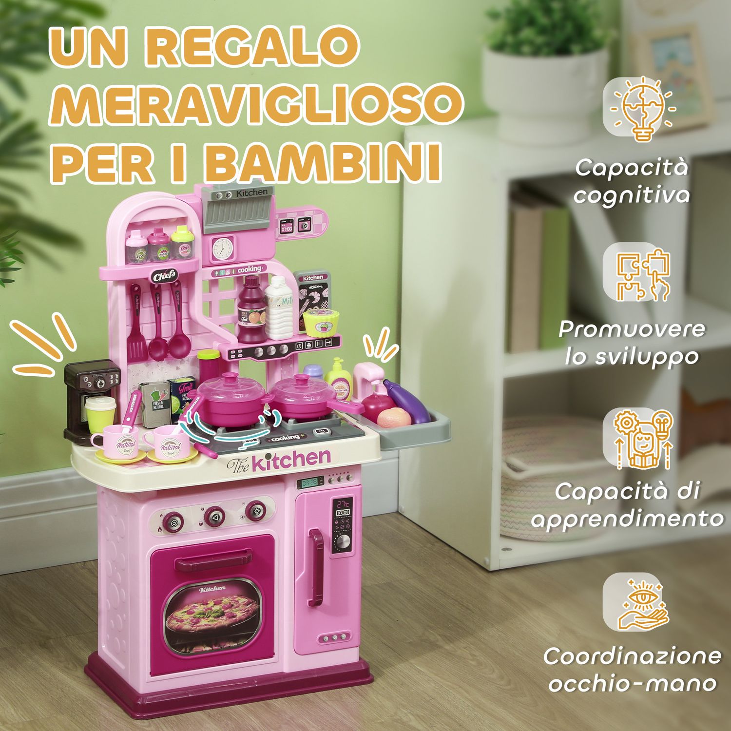 Cucina giocattolo per bambini da 33 pezzi con luci, suoni e rubinetto, in pp e abs, 53x22x69 cm, rosa - 