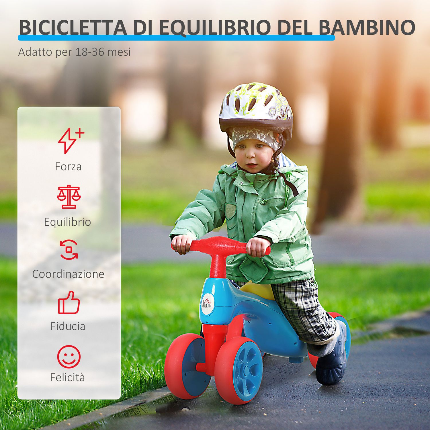 Bicicletta equilibrio senza pedali giochi con 4 ruote per bambini da 18-36 mesi blu e rosso 57cm x 33.5cm x 42.5cm - 