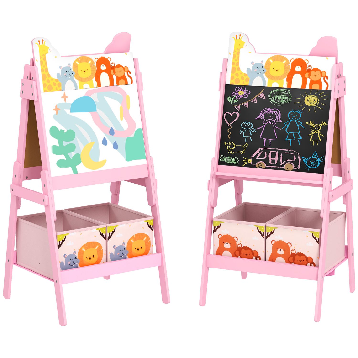 Cavalletto artistico per bambini 3-8 anni con lavagna a 2 lati e 2 cestini contenitori, in legno, 53.5x49x113 cm, rosa - 