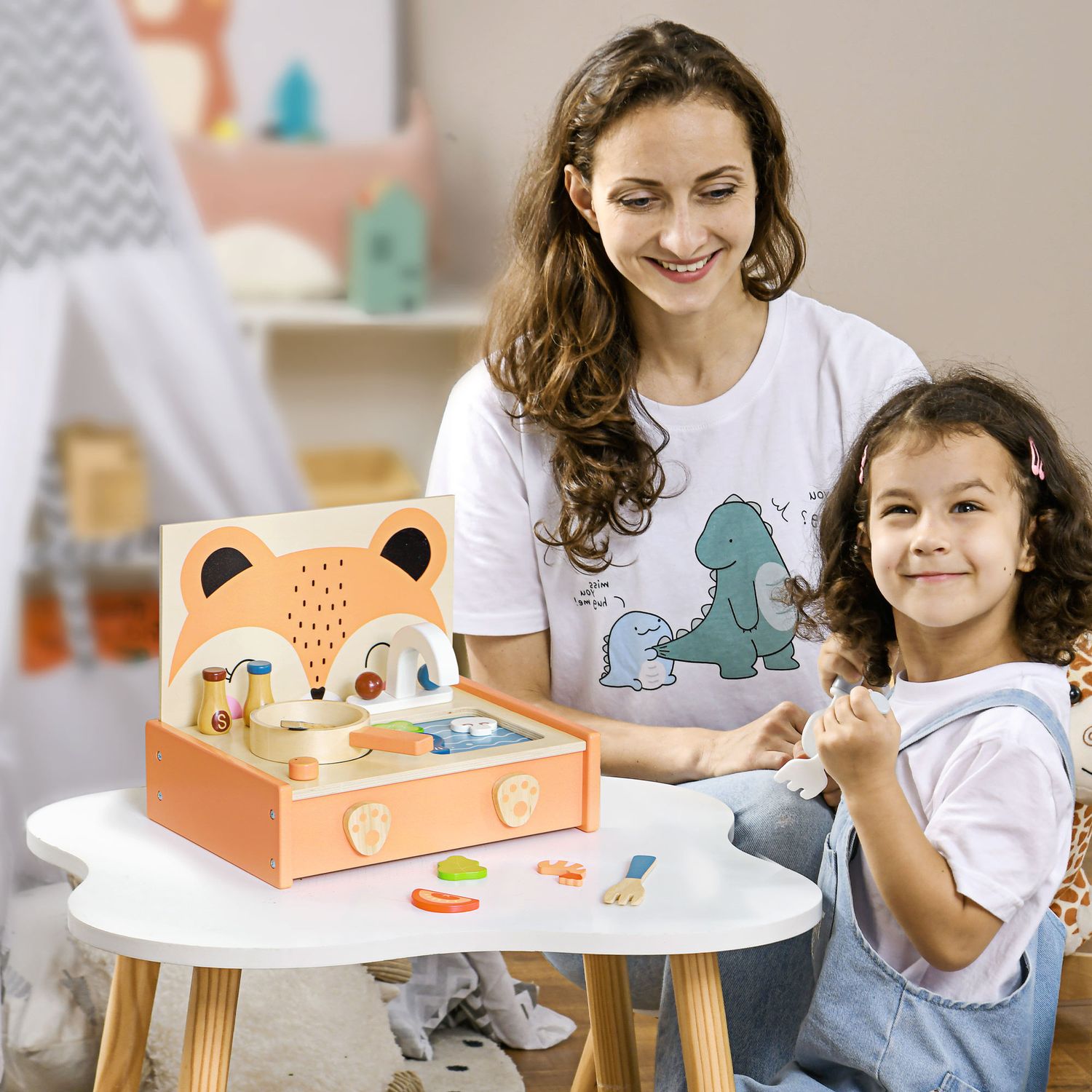 Cucina giocattolo per bambini 3-5 anni con fornello e 12 accessori in legno, multicolore - 