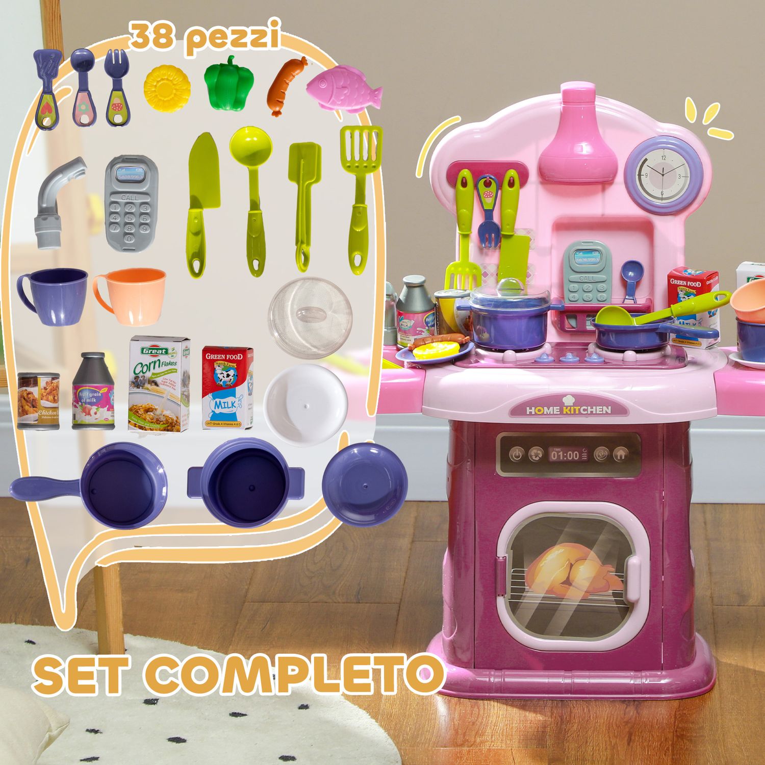 Cucina giocattolo per bambini 3-6 anni con 38 accessori e suoni realistici, in pp e abs, 51x21x60 cm, rosa - 