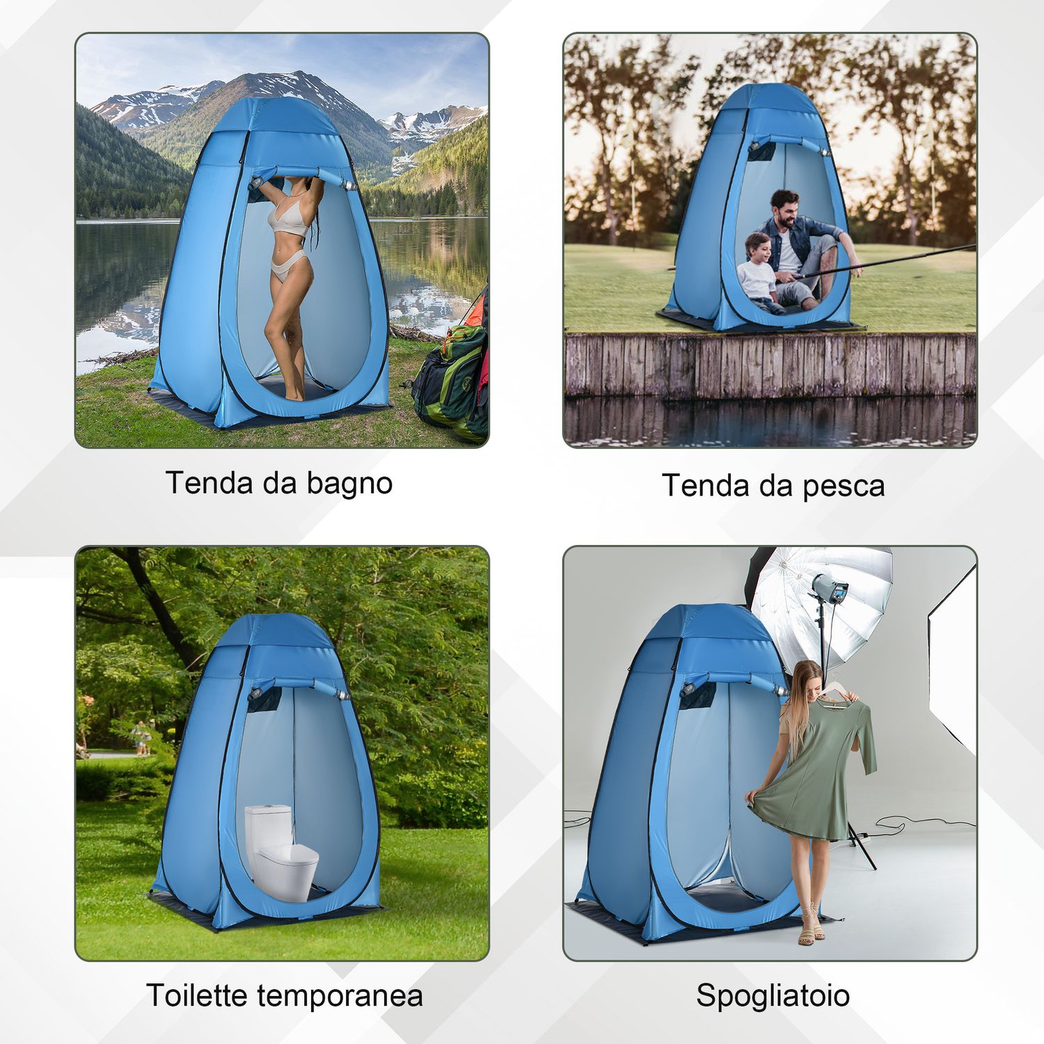 Tenda doccia da campeggio e spiaggia con porta a cerniera e borsa di trasporto, 126x124x189 cm, blu - 