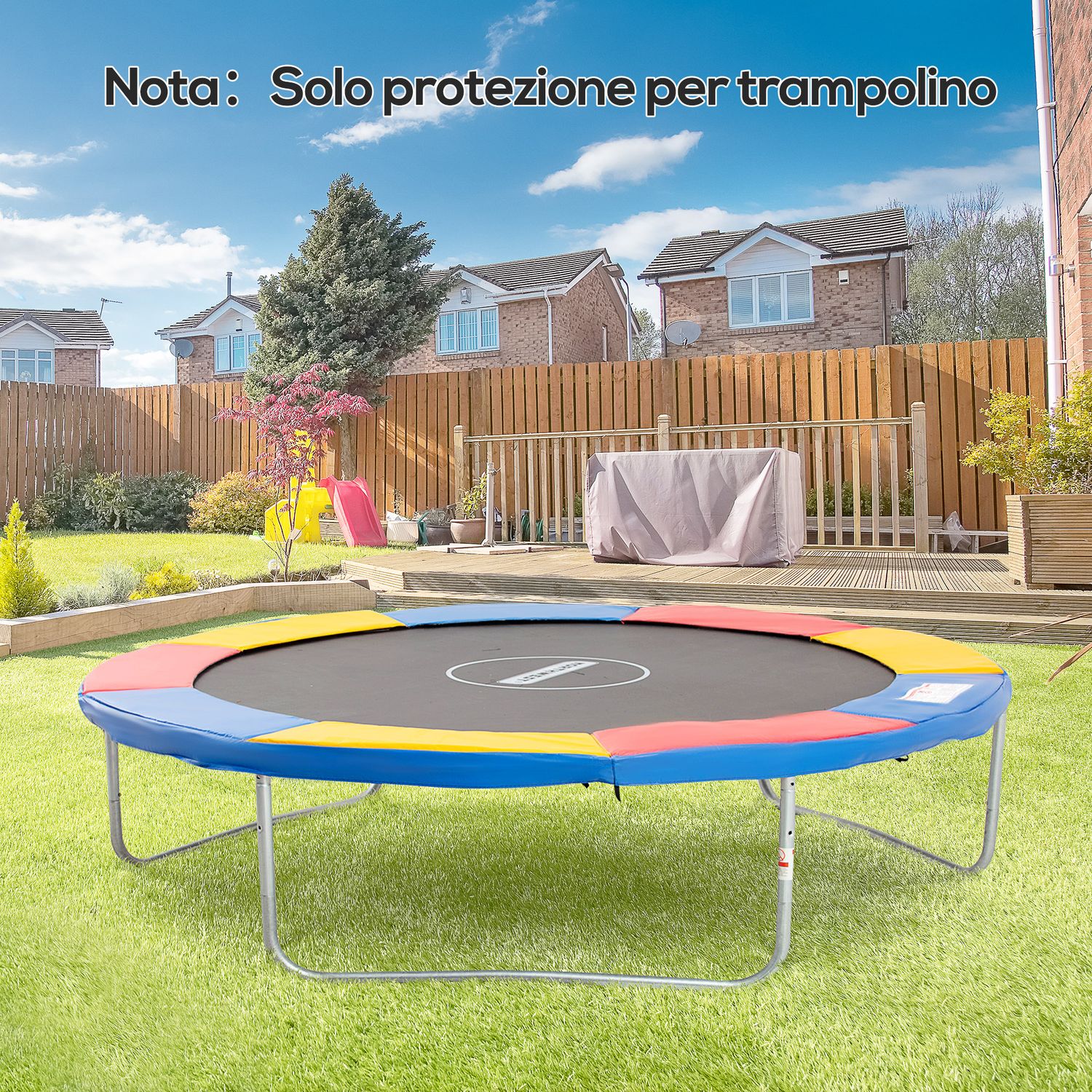 Copertura tappeto elastico ø305x1.5 cm pieghevole e portatile, protezione trampolino da giardino in plastica, pe e schiuma epe, rosso, blu e giallo - 