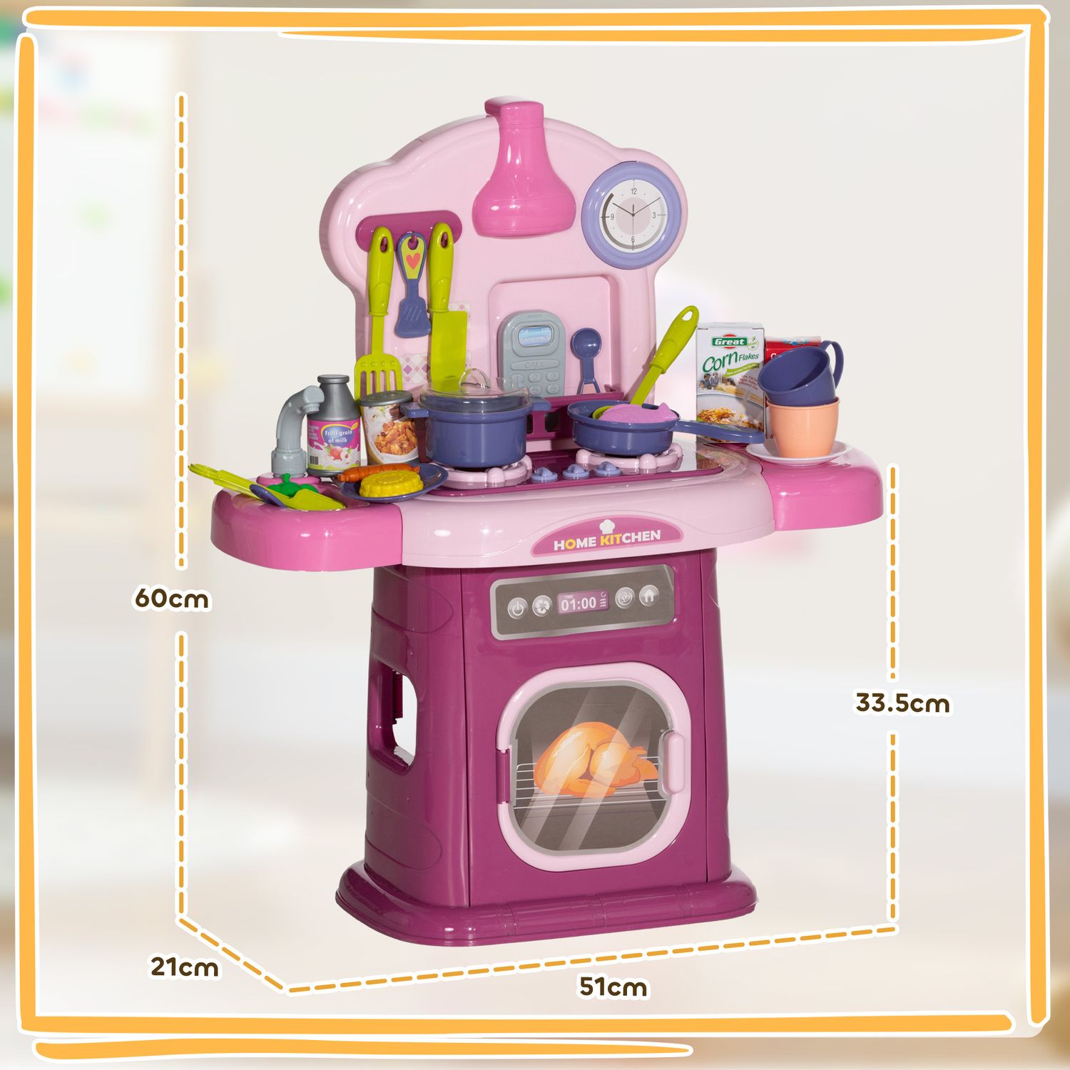 Cucina giocattolo per bambini 3-6 anni con 38 accessori e suoni realistici, in pp e abs, 51x21x60 cm, rosa - 