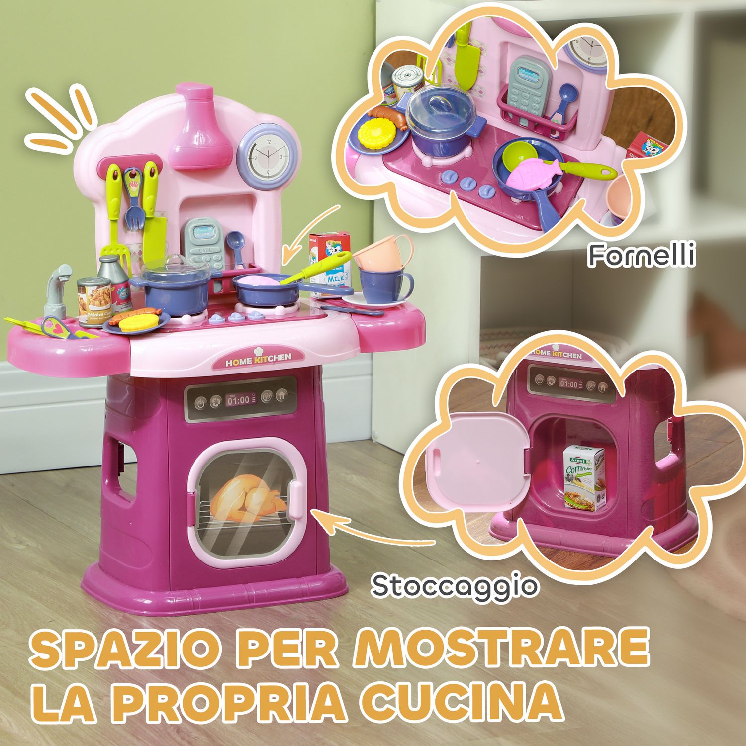 Cucina giocattolo per bambini 3-6 anni con 38 accessori e suoni realistici, in pp e abs, 51x21x60 cm, rosa - 