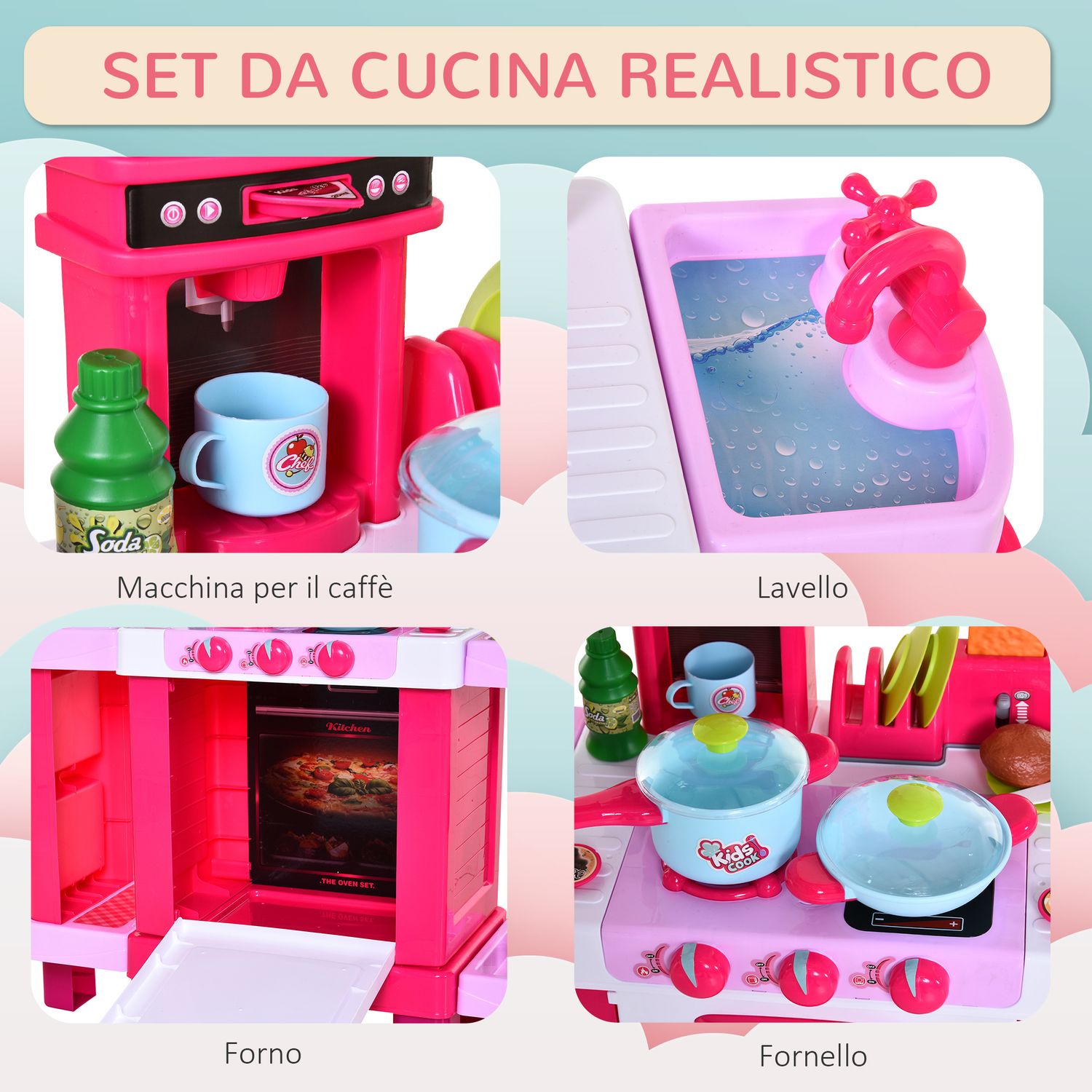 Cucina giocattolo per bambini con 38 accessori inclusi, con luci e suoni realistici, 78x29x87 cm, rosa - 