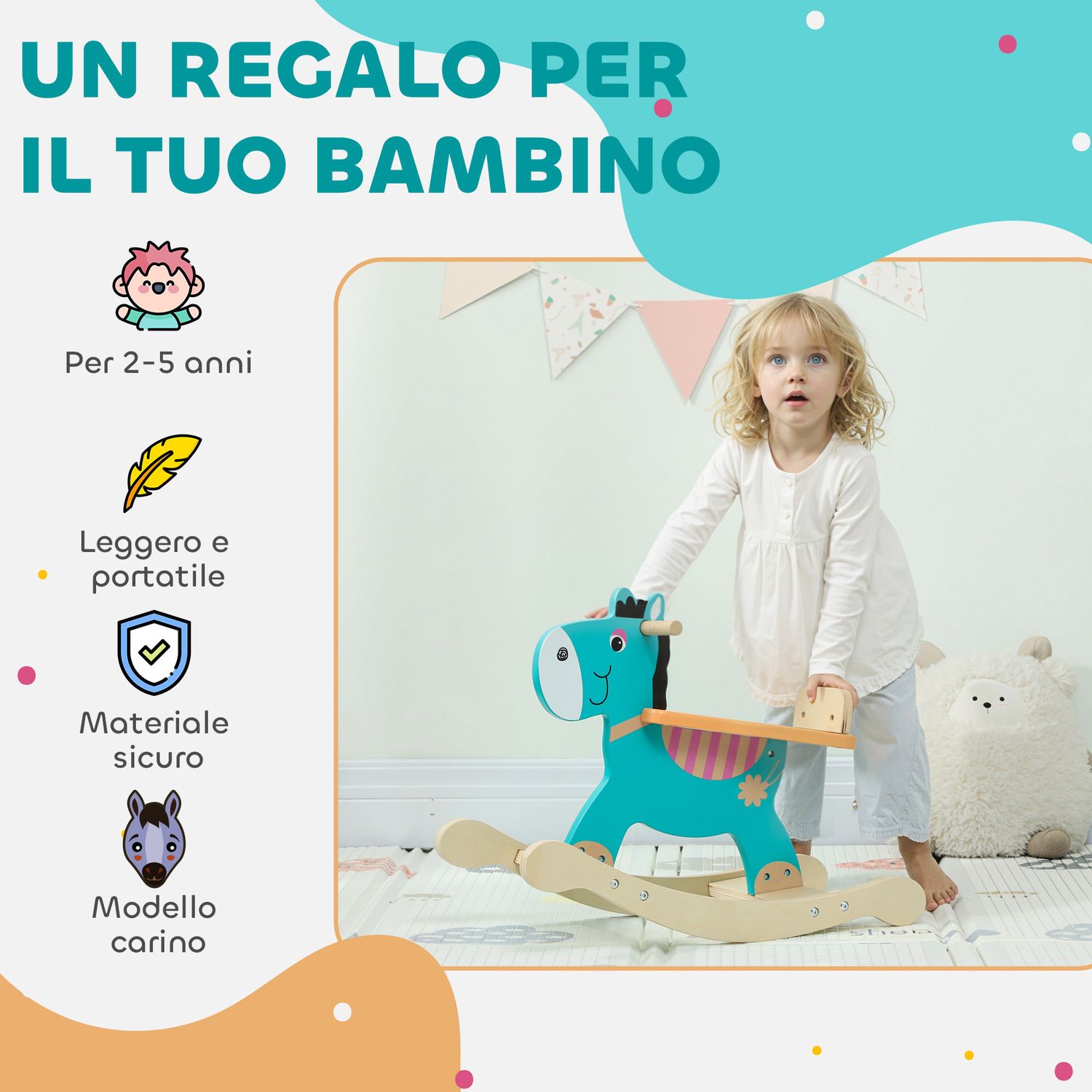 Cavallo a dondolo a forma di asino per bambini con base larga, in legno, 59x27x43 cm, verde scuro e arancione - 
