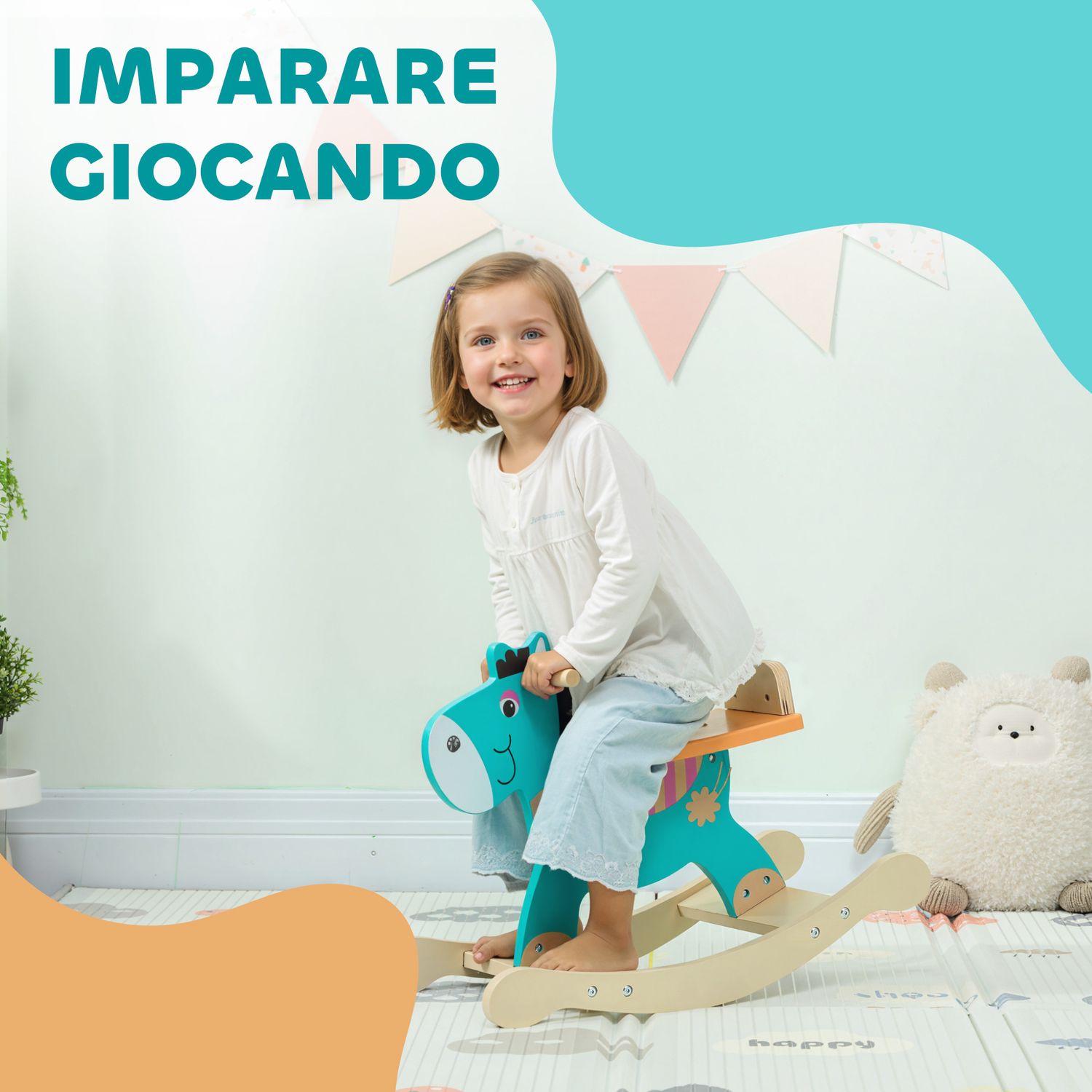 Cavallo a dondolo a forma di asino per bambini con base larga, in legno, 59x27x43 cm, verde scuro e arancione - 
