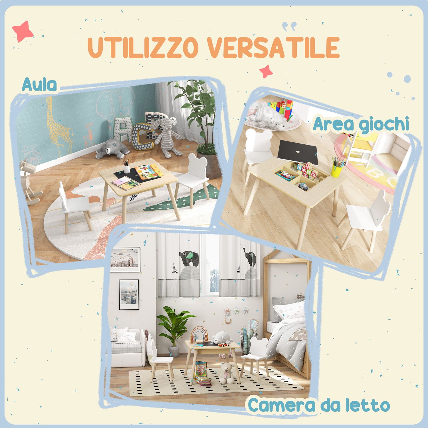 Set tavolo 3 in 1 e 2 sedie per bambini con schienale a orsetto, età 3-6 anni, colore legno - 