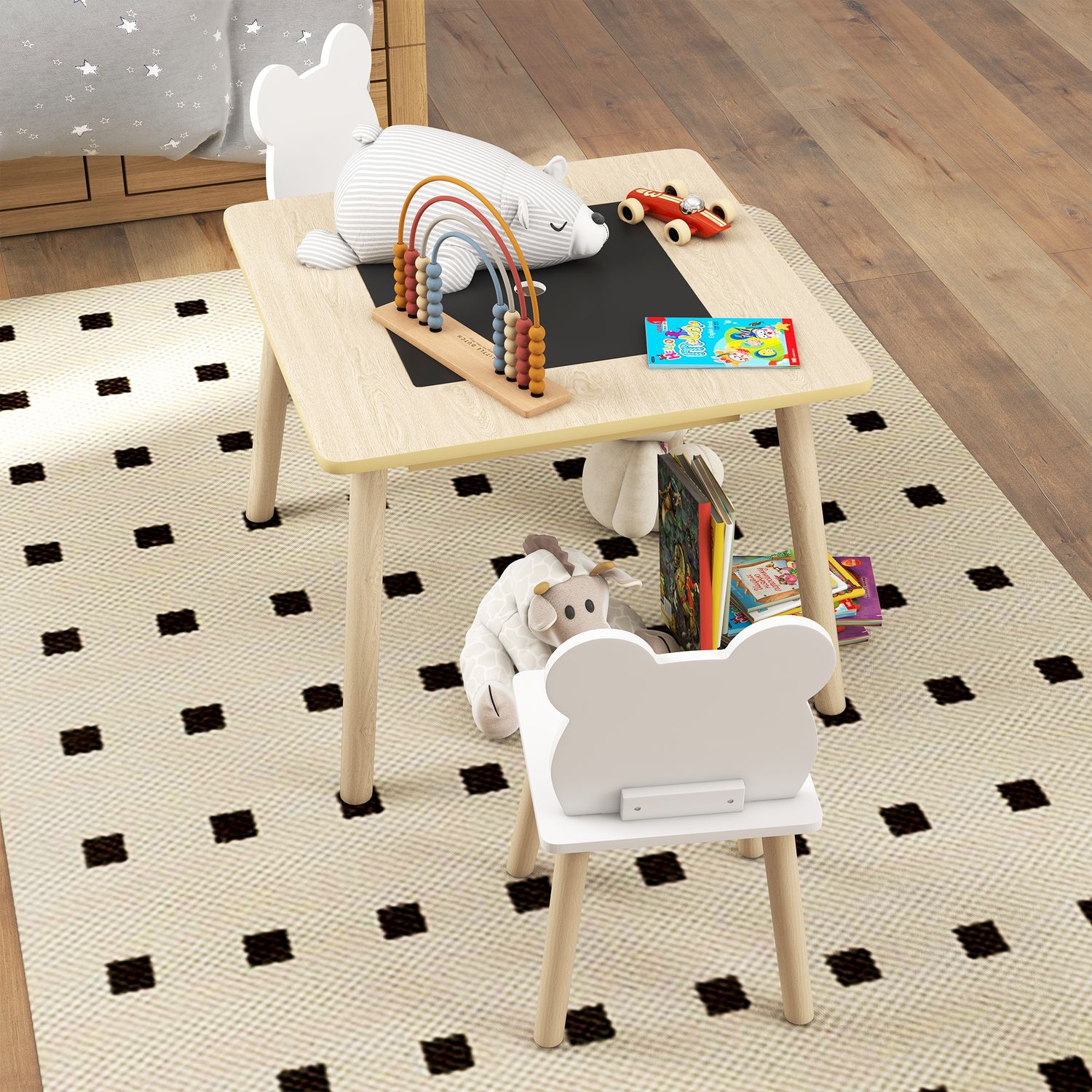 Set tavolo 3 in 1 e 2 sedie per bambini con schienale a orsetto, età 3-6 anni, colore legno - 