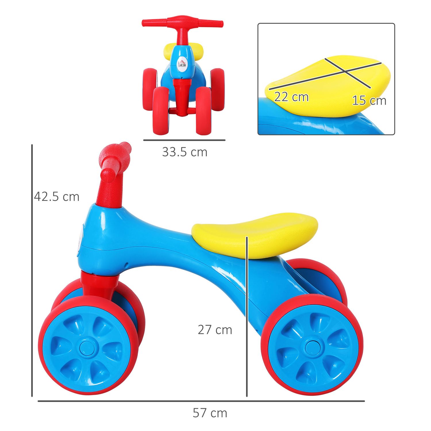 Bicicletta equilibrio senza pedali giochi con 4 ruote per bambini da 18-36 mesi blu e rosso 57cm x 33.5cm x 42.5cm - 