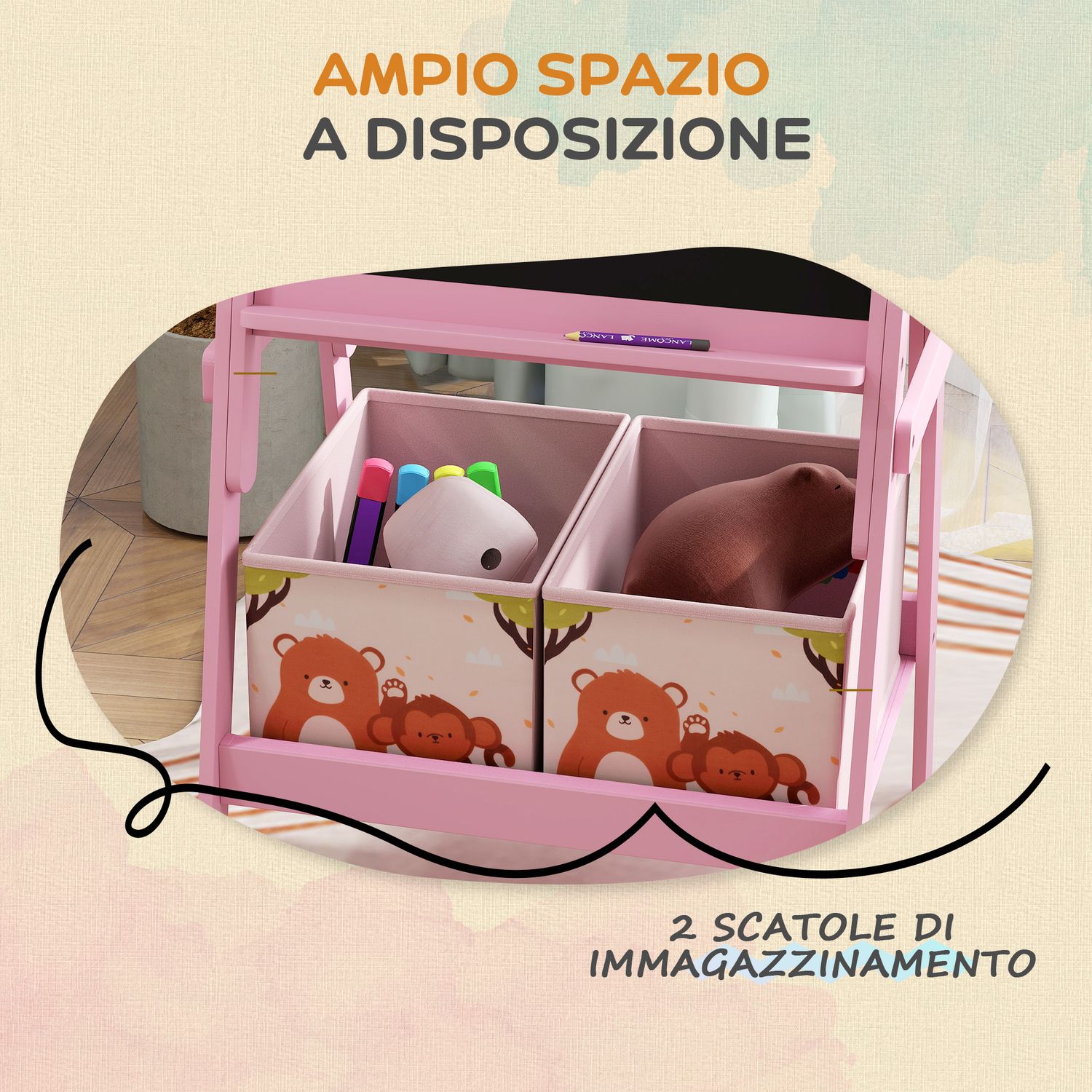 Cavalletto artistico per bambini 3-8 anni con lavagna a 2 lati e 2 cestini contenitori, in legno, 53.5x49x113 cm, rosa - 