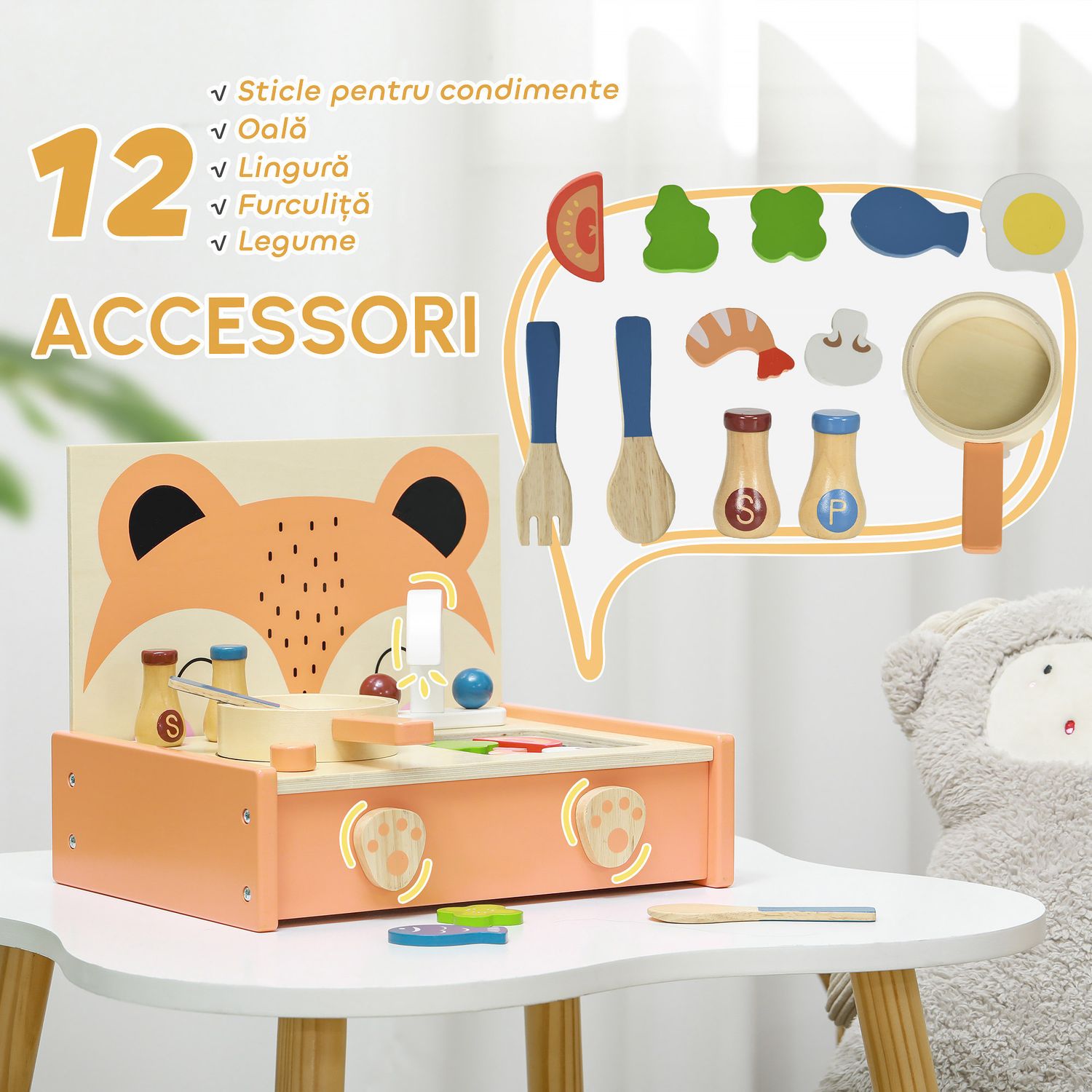 Cucina giocattolo per bambini 3-5 anni con fornello e 12 accessori in legno, multicolore - 