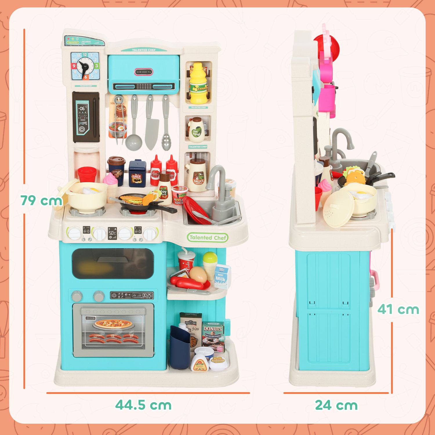 Cucina giocattolo per bambini 3-6 anni con 92 accessori, in pp, pe e abs, 44.5x24x79 cm, verde - 