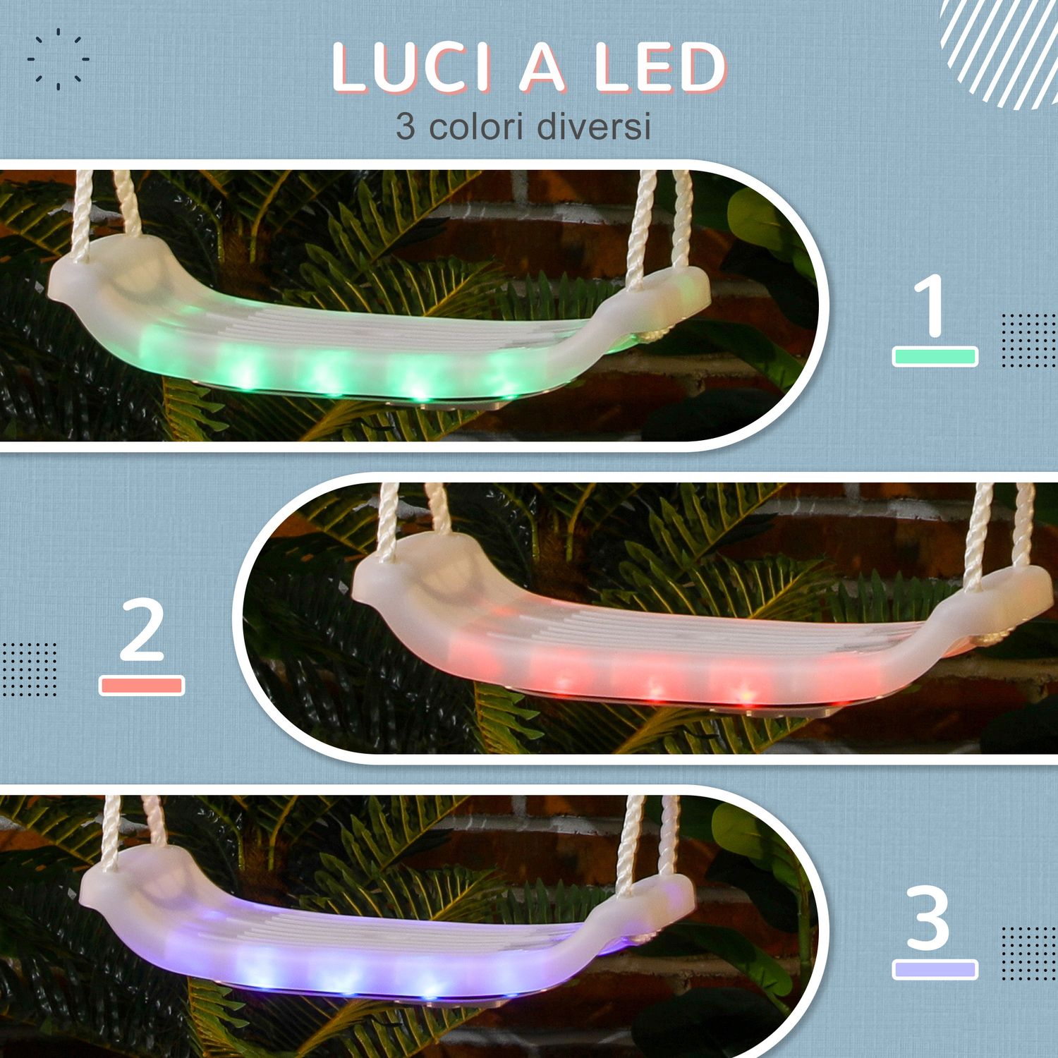Altalena per bambini 9-36 mesi in pp e pe con corda regolabile e luci led, 39x16.5x120-180 cm, bianco - 