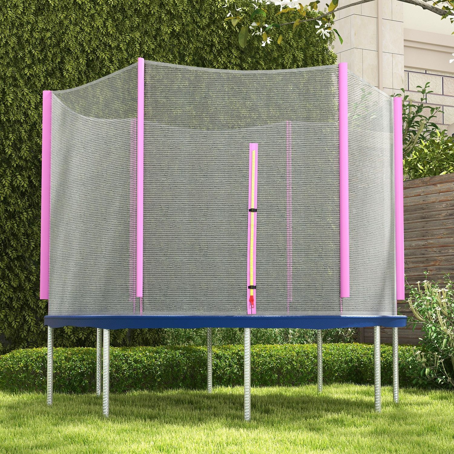 Rete di protezione per trampolini a 6 pali con ingresso con cerniera, in pe, ø305x180 cm, nero e rosa - 