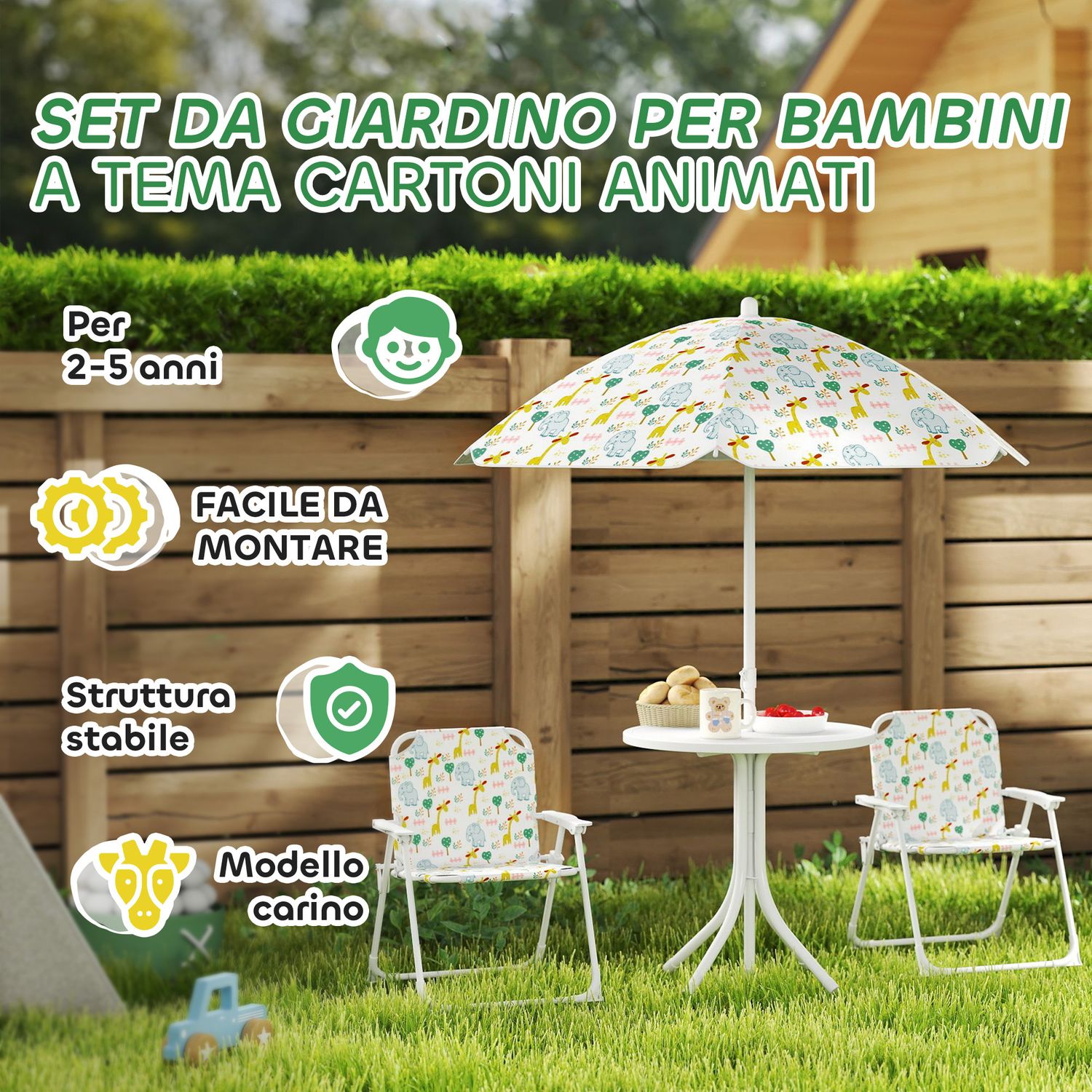 Set da giardino per bambini 2-5 anni con tavolino rotondo, 2 sedie pieghevoli e un ombrellone, bianco - 