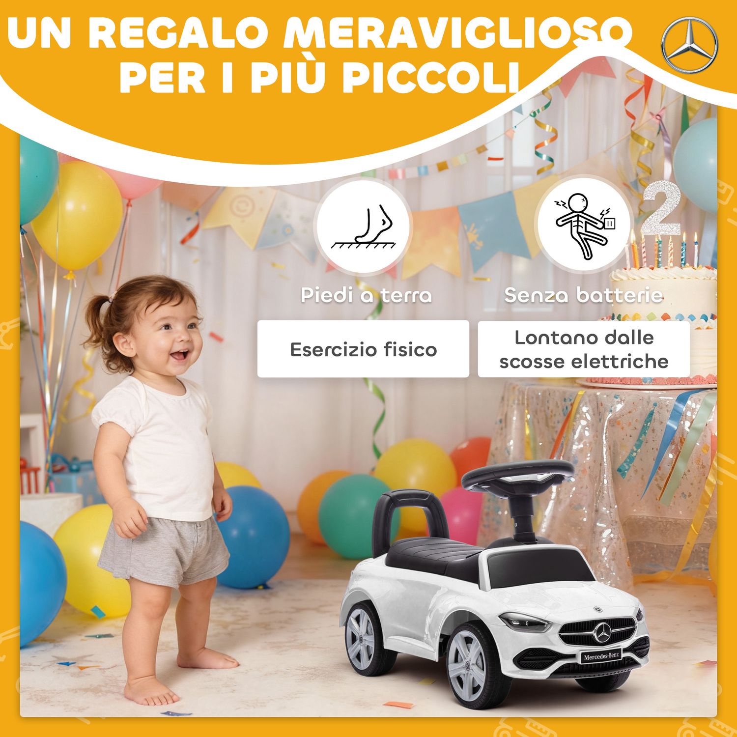 Macchina per bambini licenza mercedes benz con clacson e spazio portaoggetti, 65x28x39 cm, bianco - 