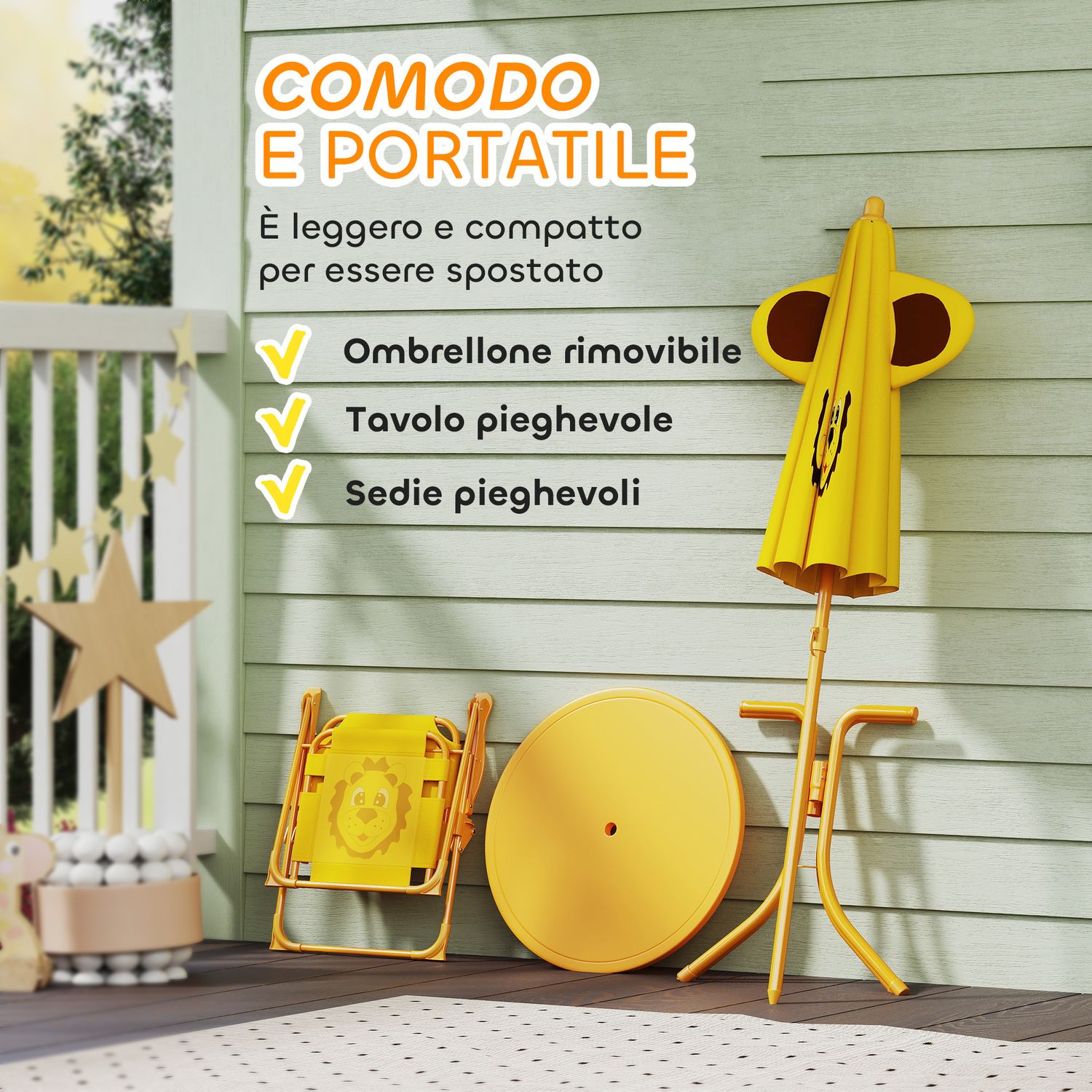 Set da giardino per bambini 2-5 anni con tavolino rotondo, 2 sedie pieghevoli e un ombrellone, giallo - 