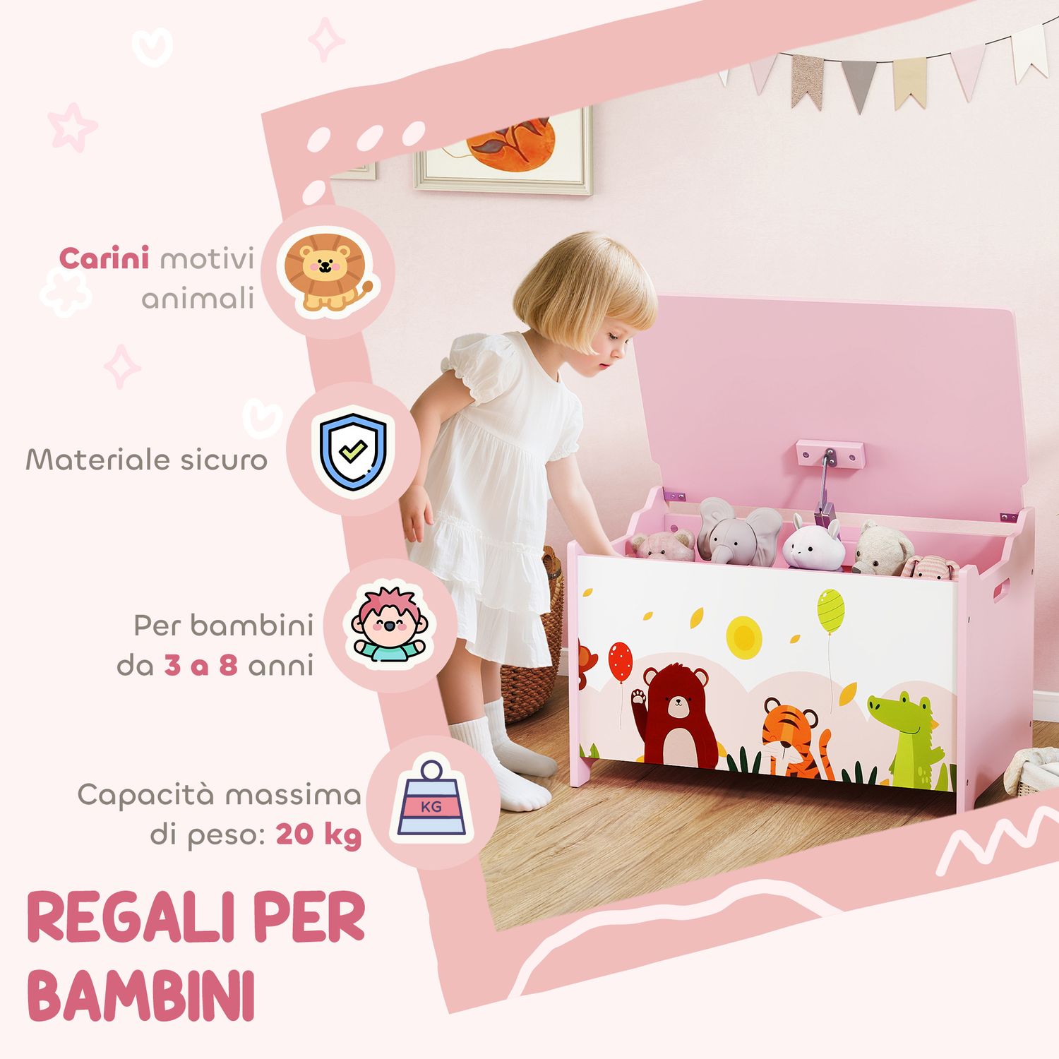 Baule portagiochi per bambini con cerniere di sicurezza in legno con disegni di animali, 60x37x39 cm, rosa - 