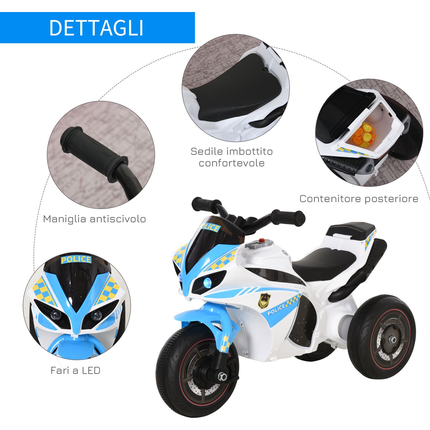 Moto giocattolo cavalcabile a 3 ruote per bambini 18-36 mesi stile polizia con musica e fari, azzurro - 