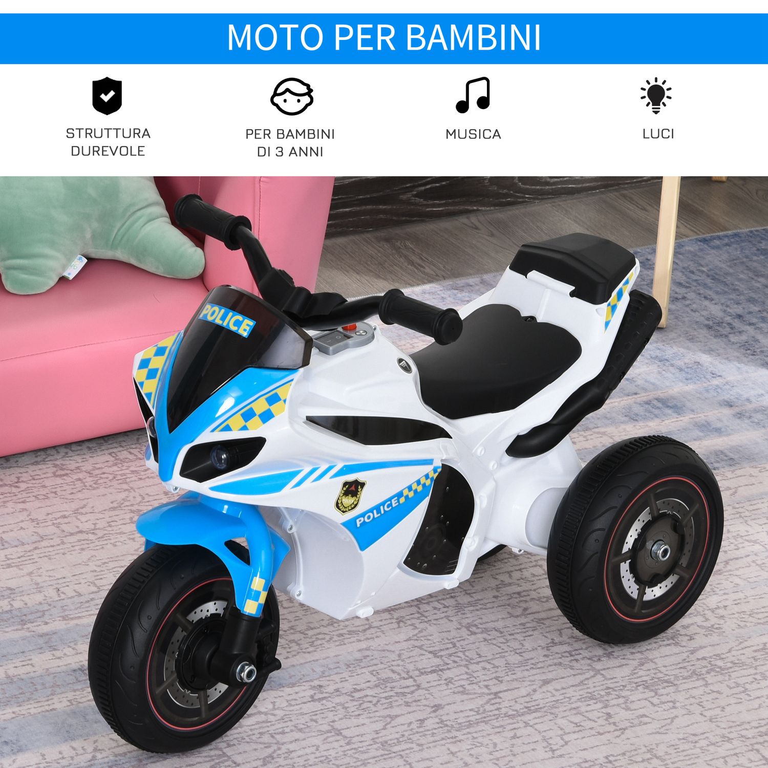 Moto giocattolo cavalcabile a 3 ruote per bambini 18-36 mesi stile polizia con musica e fari, azzurro - 