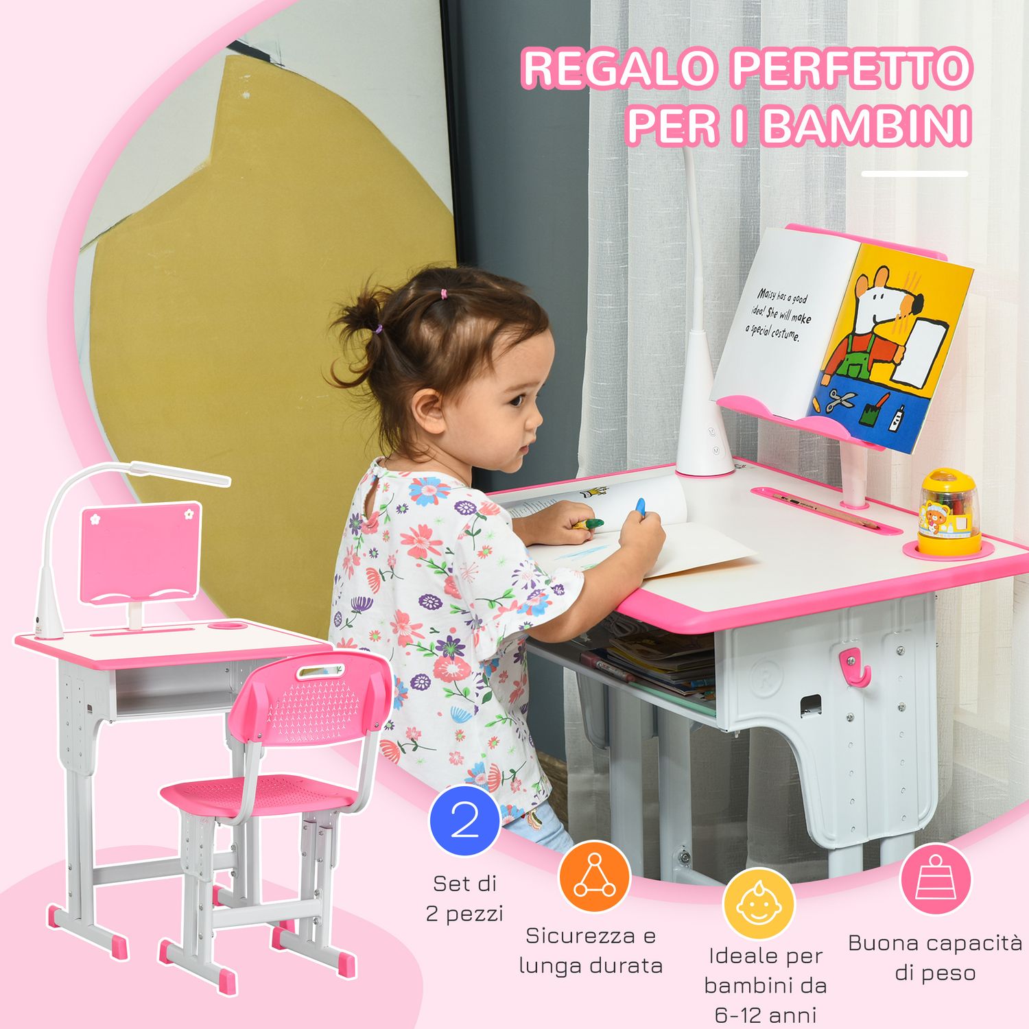 Set scrivania e sedia per bambini 6-12 anni ad altezza regolabili - 