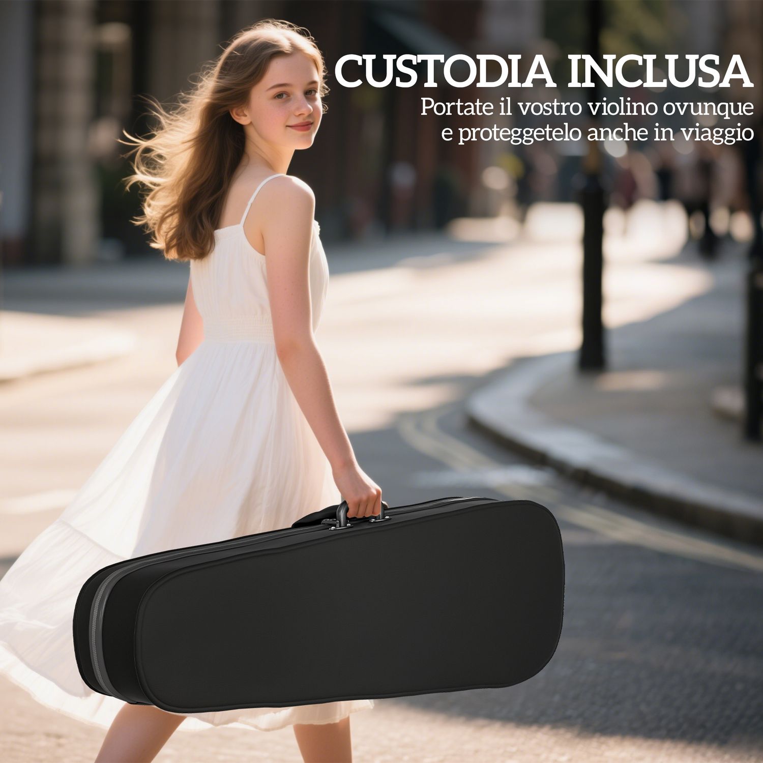 Violino 4/4 in legno di abete e acero con custodia, arco, spalliera e pece, nero - 